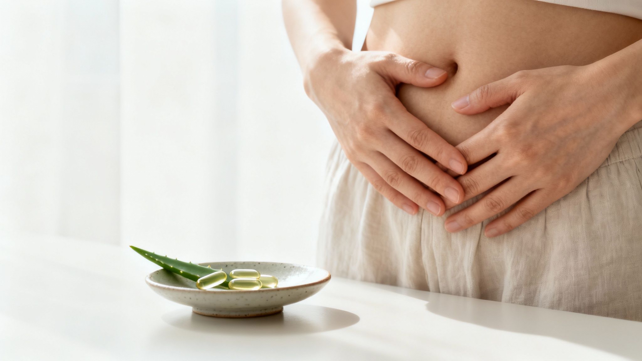 A person holding a glass of water and an aloe vera capsule, symbolizing daily digestive support.