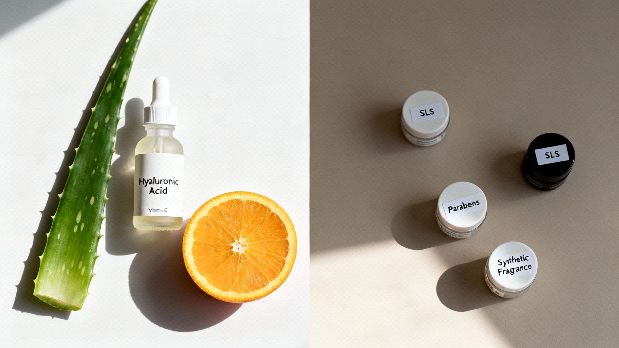 Skincare ingredients: hyaluronic acid serum, aloe, orange, and jars labeled SLS, Parabens, Synthetic Fragrance.