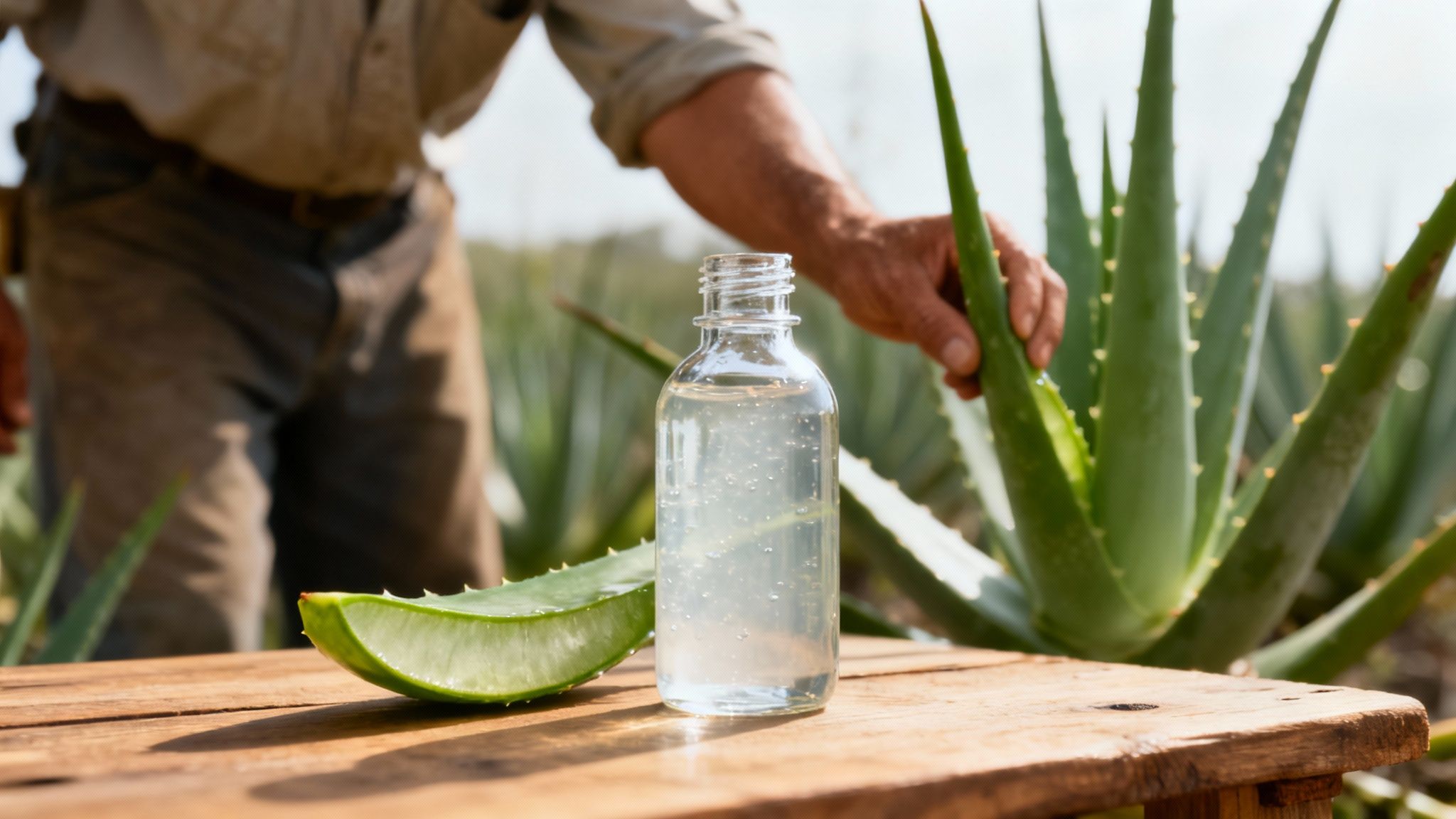 A person harvesting fresh aloe vera in a field, with extracted gel and a cut leaf.