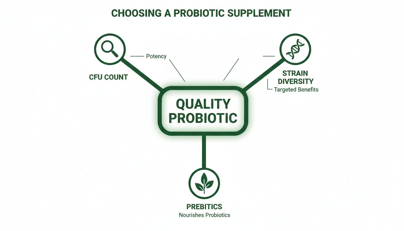 Diagram illustrating key factors for choosing a quality probiotic supplement: CFU count, strain diversity, and prebiotics.