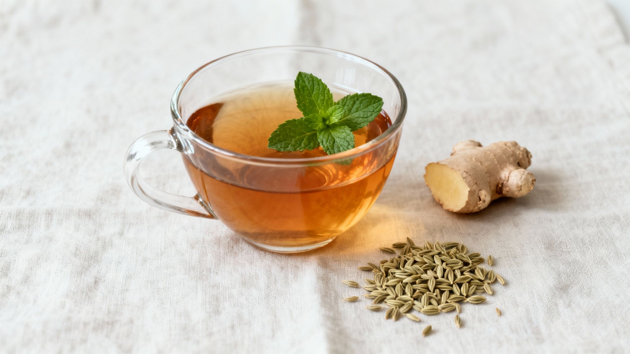 A soothing cup of herbal tea with fresh peppermint and ginger on a wooden surface.
