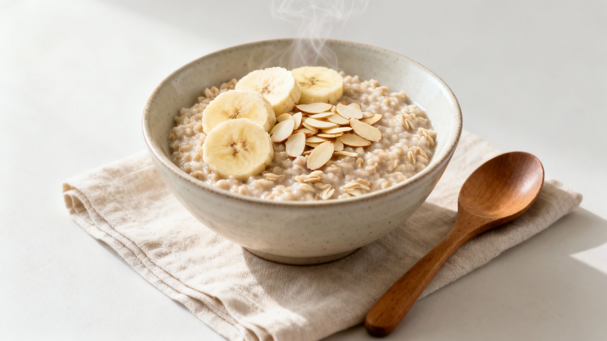 A steaming bowl of oatmeal topped with sliced bananas and almonds, next to a wooden spoon.