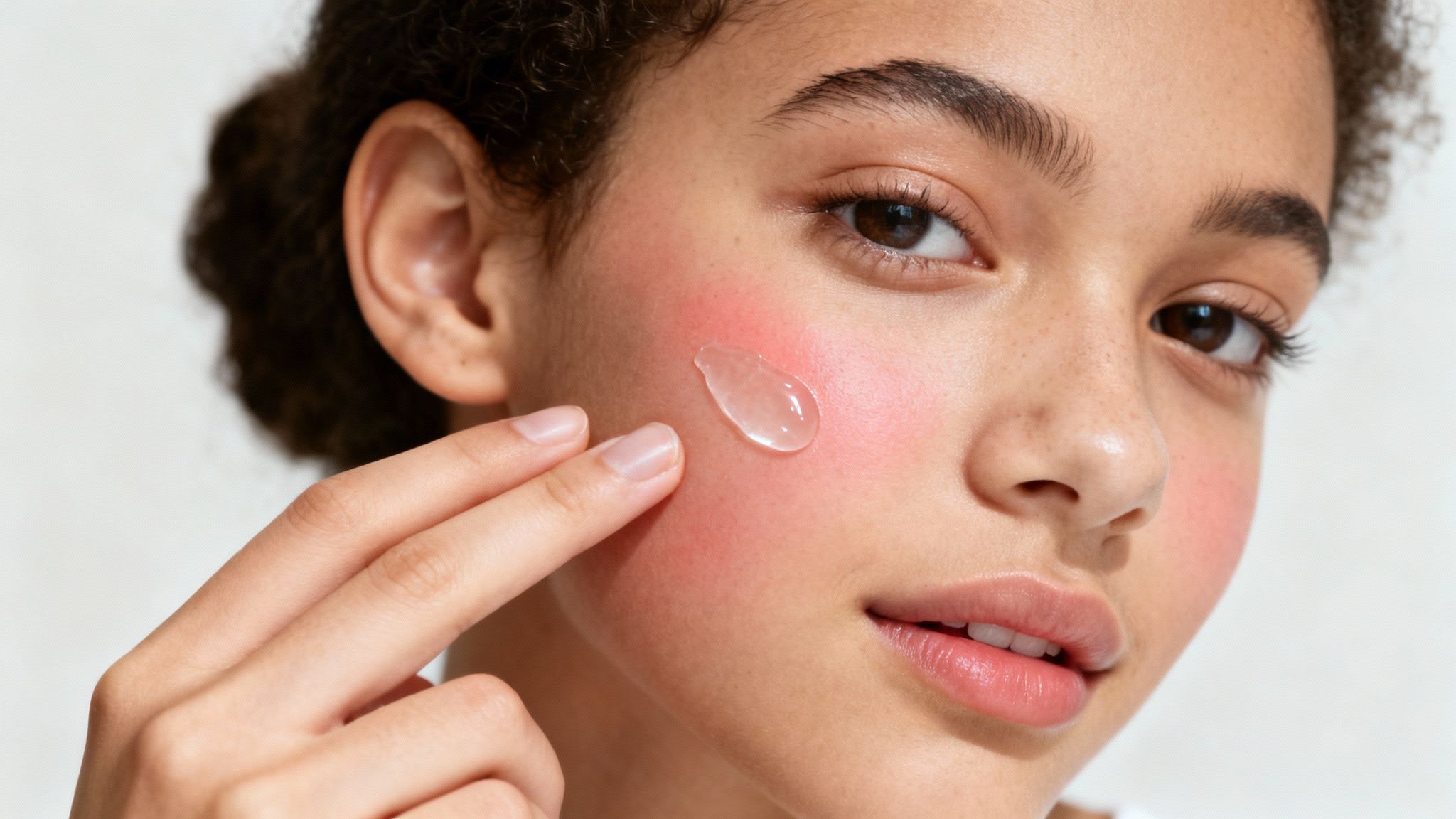 A person with clear skin applies a hydrating gel to their cheek with a finger.