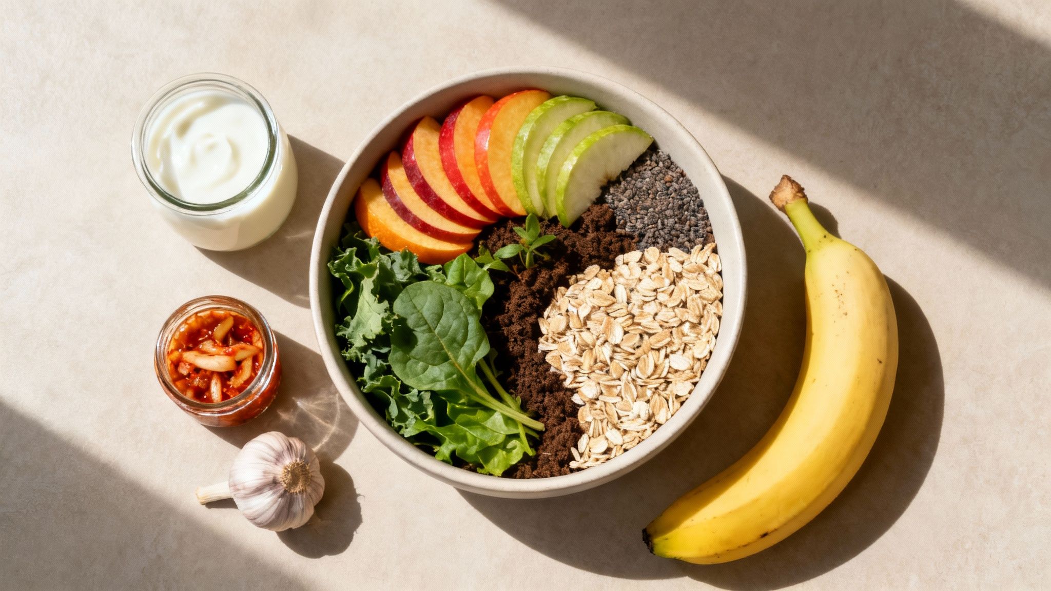 A colorful array of fresh fruits and vegetables, symbolizing a nutrient-rich diet for gut health.