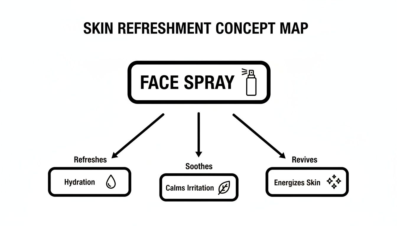 A concept map showing face spray benefits for skin refreshment, including hydration, soothing, and revitalizing.