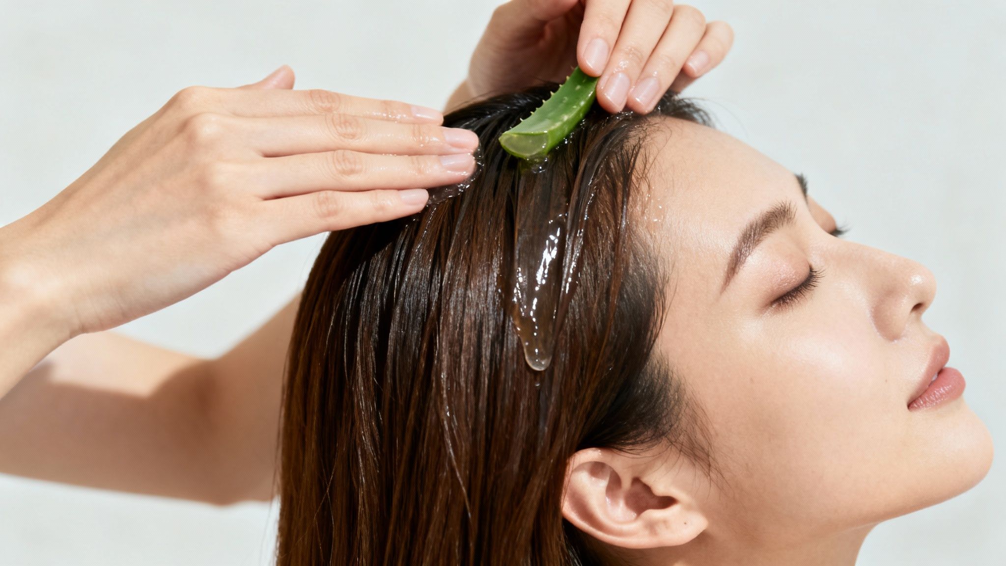 A person applies fresh aloe vera gel from a leaf directly to their wet hair and scalp.