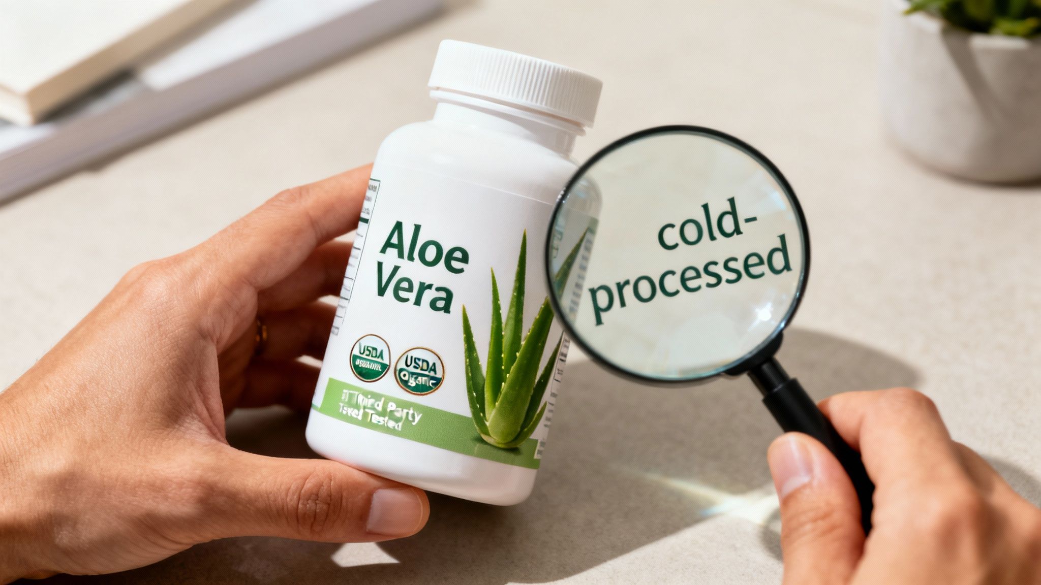 Person examining a supplement bottle label with a magnifying glass