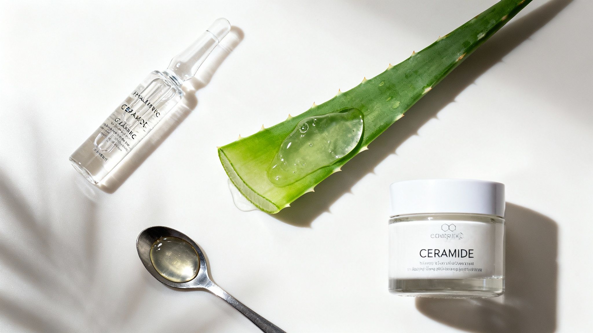Skincare ingredients like a ceramide ampoule, aloe vera leaf with gel, oil, and ceramide cream.