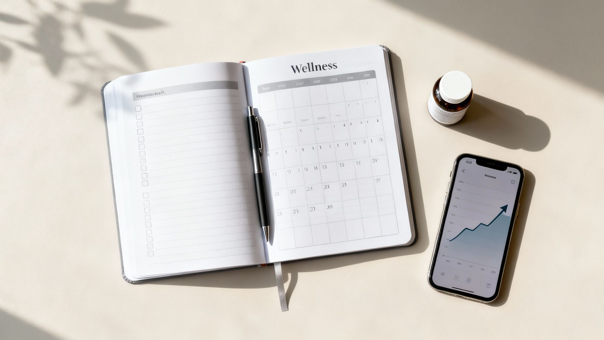 Flat lay showing a wellness planner, pen, supplement bottle, and phone with a health graph.