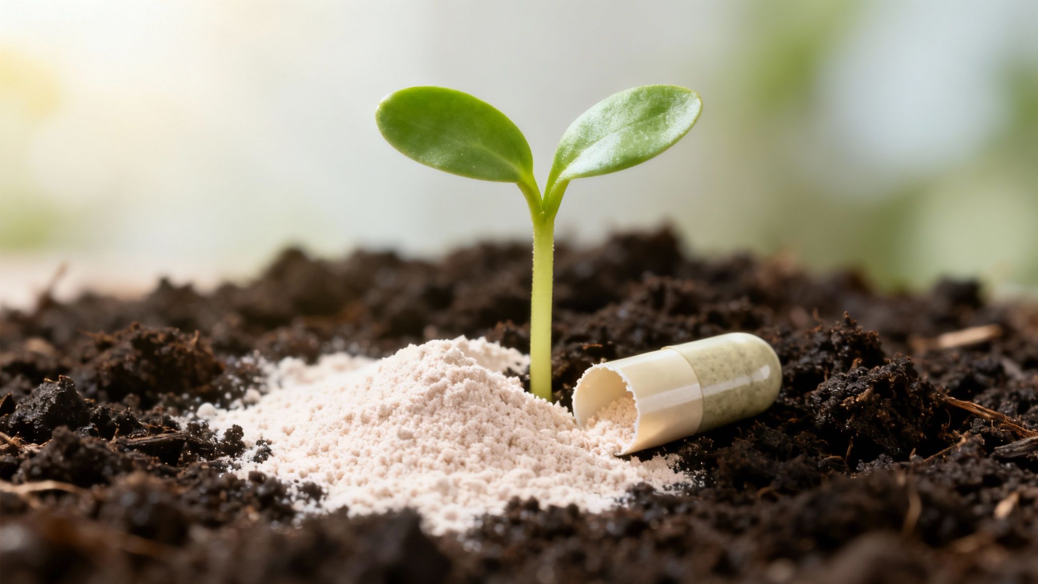 A vibrant green sprout emerges from dark soil beside an opened capsule and natural powder.