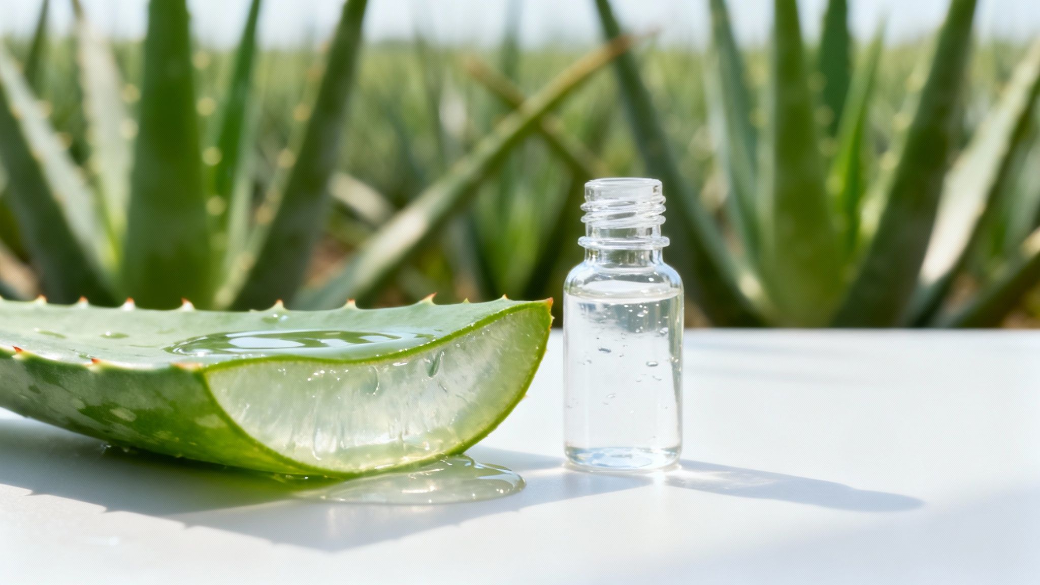 A fresh aloe vera leaf slice with clear gel and a small bottle of aloe extract on a white surface, with a blurry aloe field in the background.