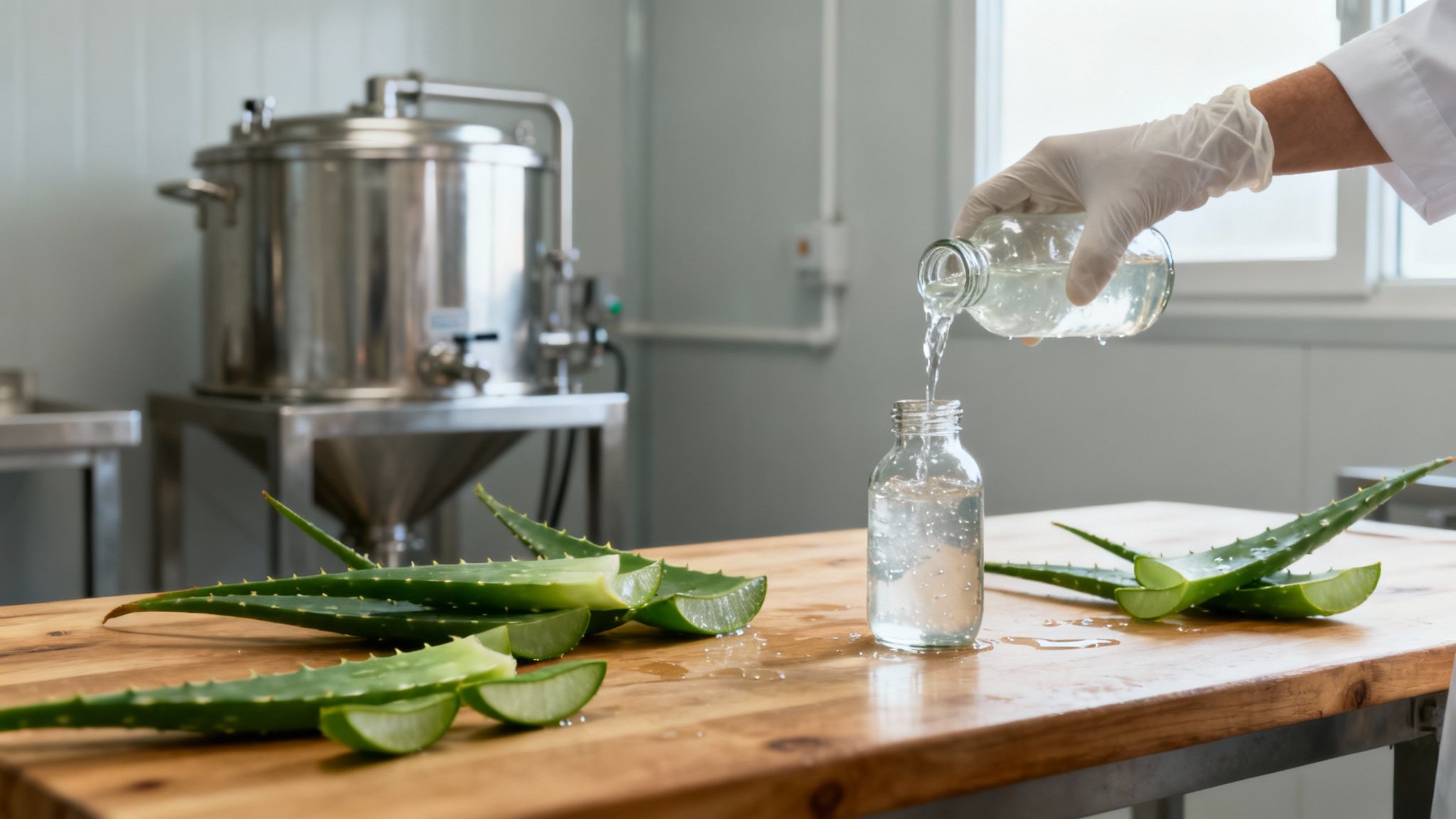 Hand in glove pouring clear aloe vera juice from bottle into jar in laboratory setting