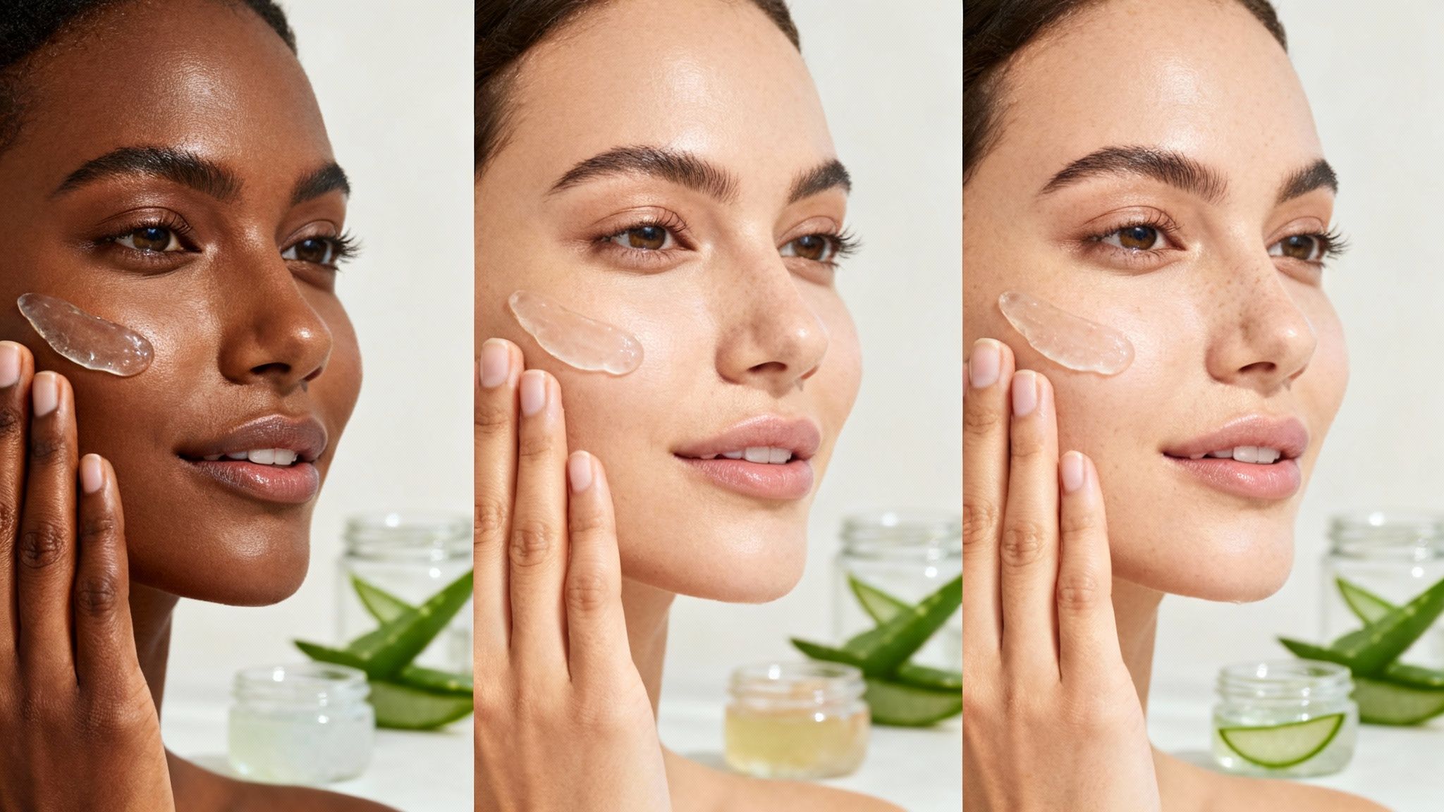 Three women of diverse skin tones apply clear aloe vera gel to their faces, promoting skincare.
