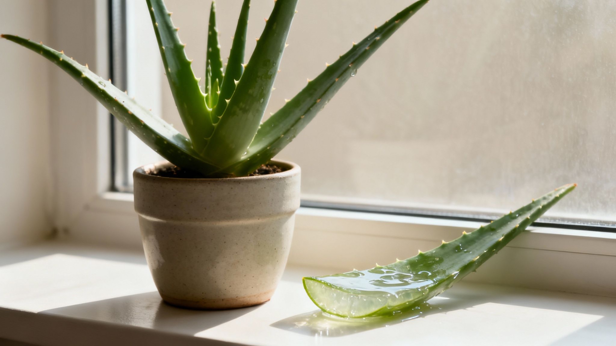 A fresh aloe vera leaf cut open to show the clear gel inside