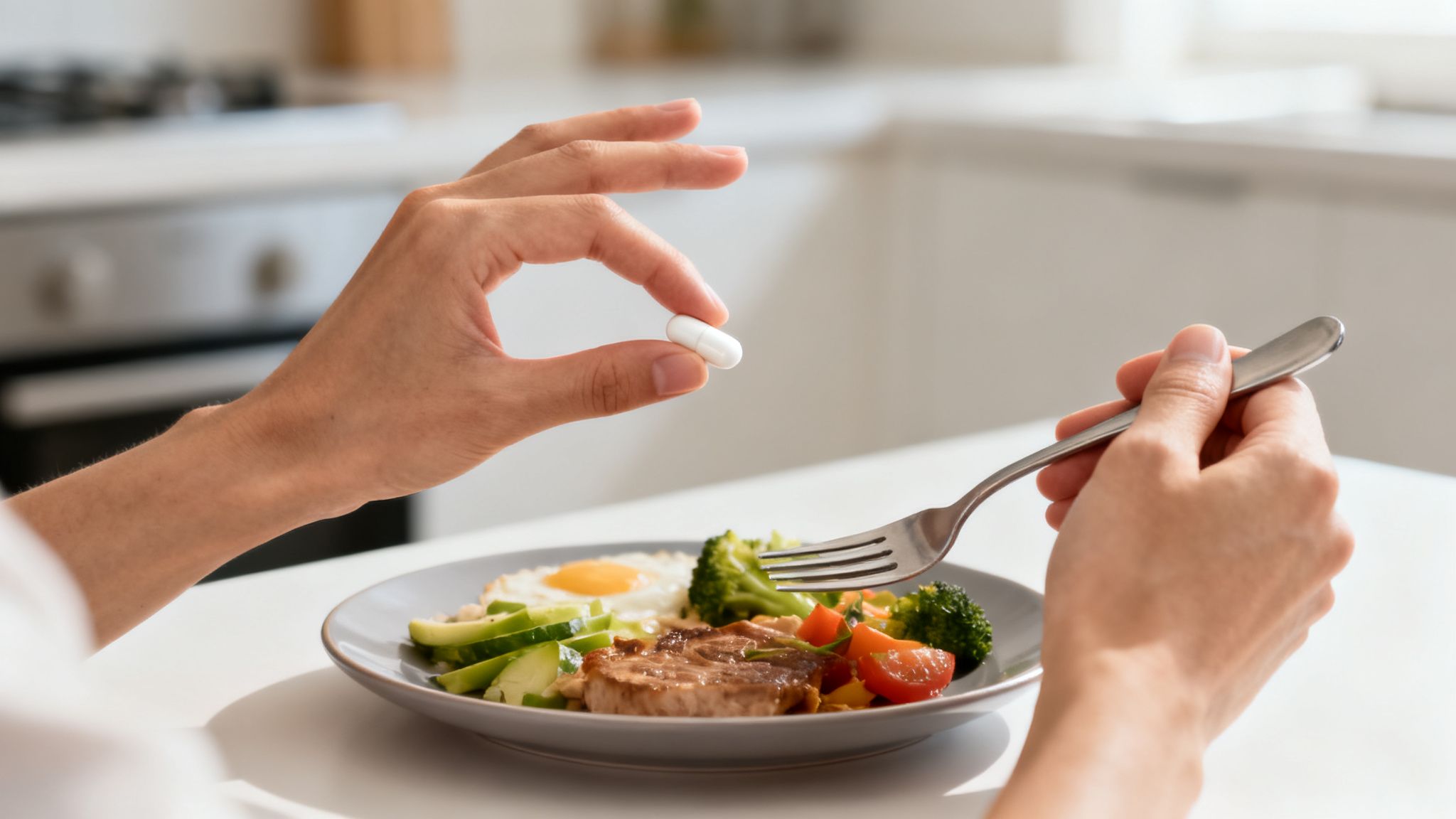 Person holding a white pill above a healthy meal with meat, egg, and vegetables.
