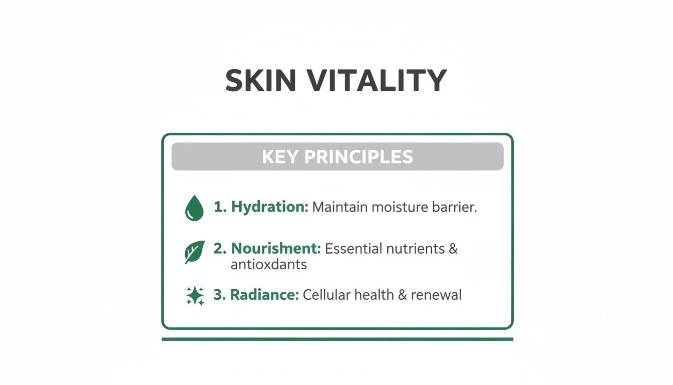 An infographic detailing the three key principles of skin vitality: hydration, nourishment, and radiance.