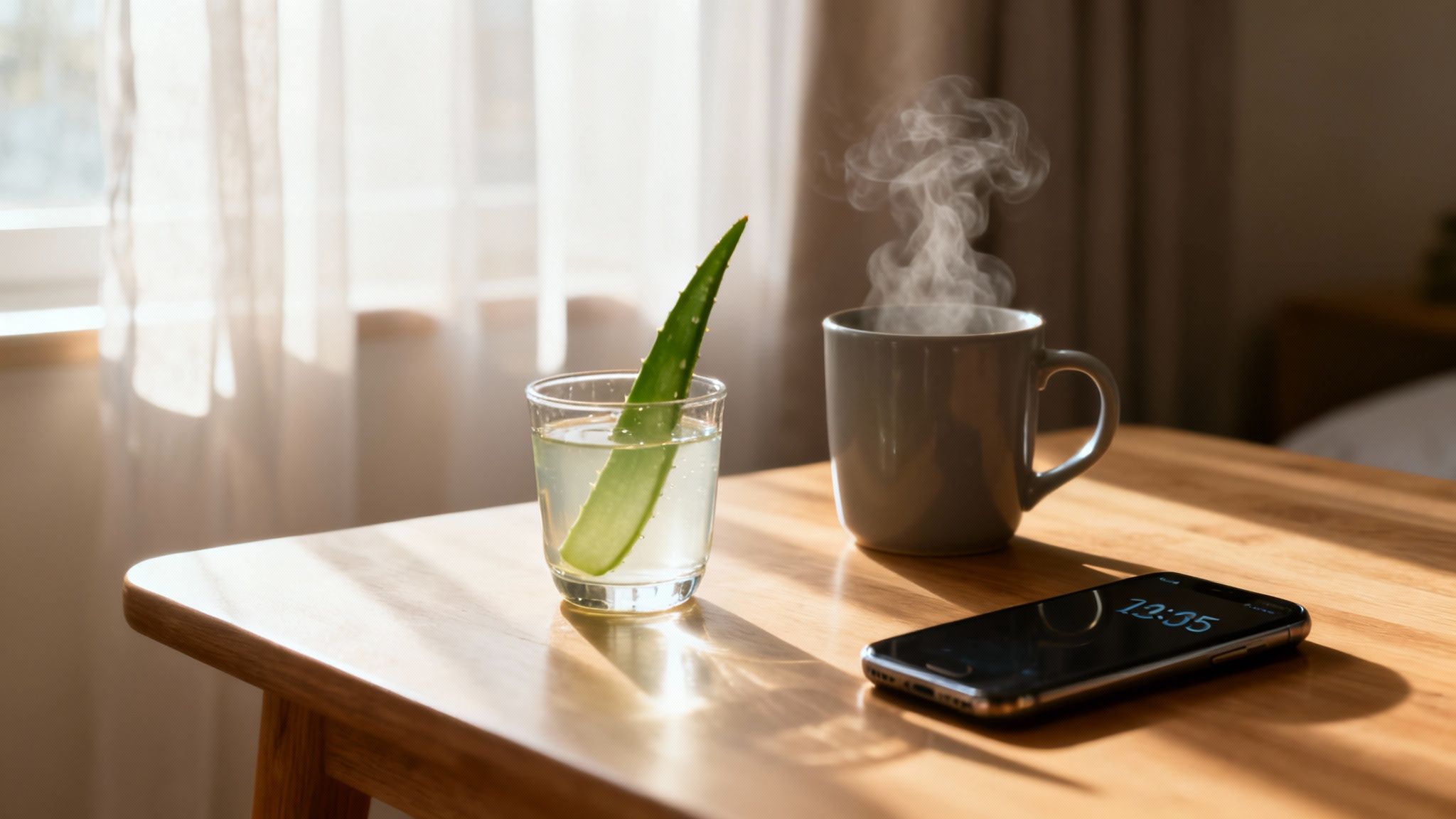 A person pouring aloe vera juice into a glass in a bright, clean kitchen.