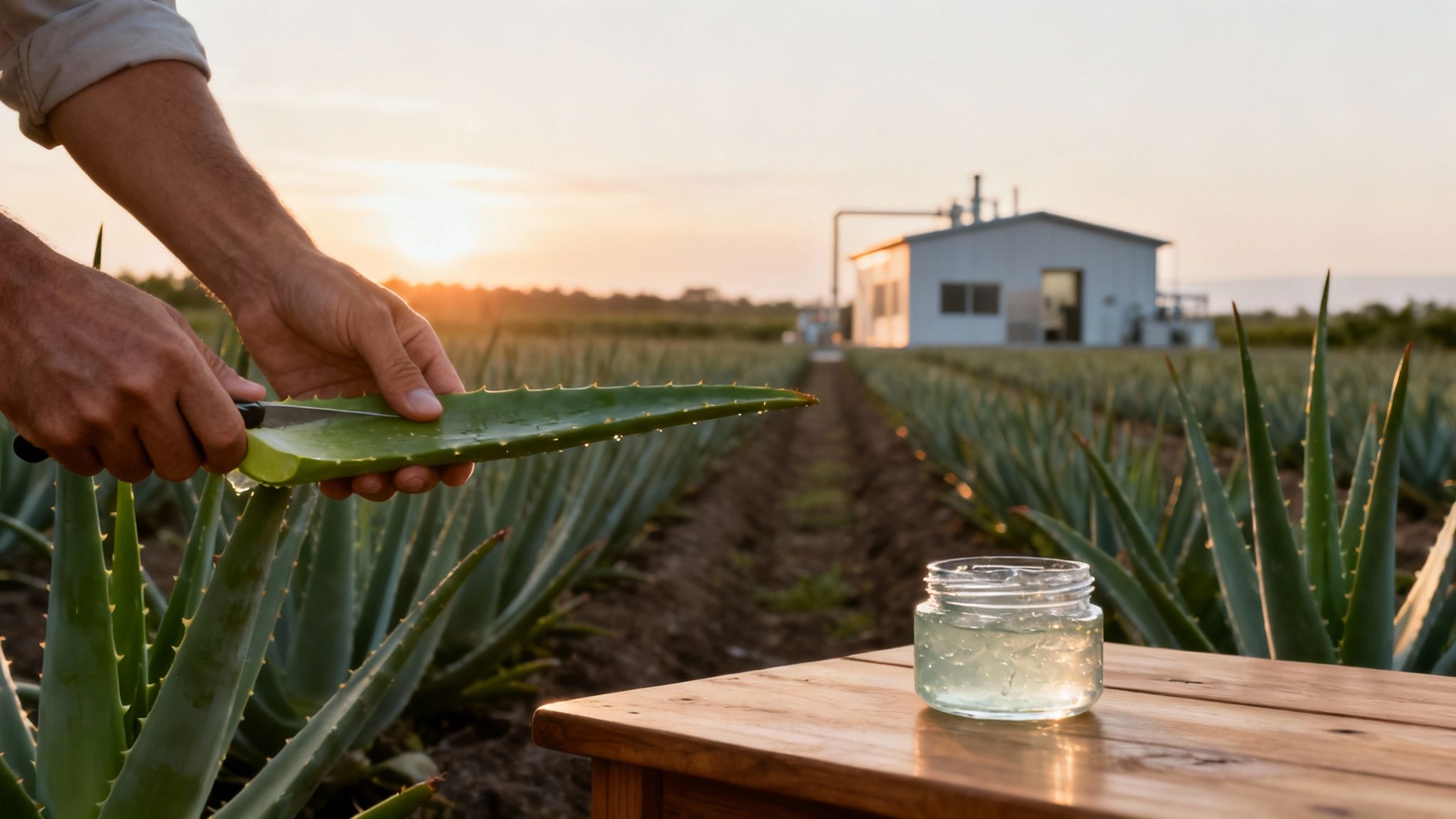 Hands extract fresh aloe vera gel from a leaf in a vast field at sunset, with a jar on a table.