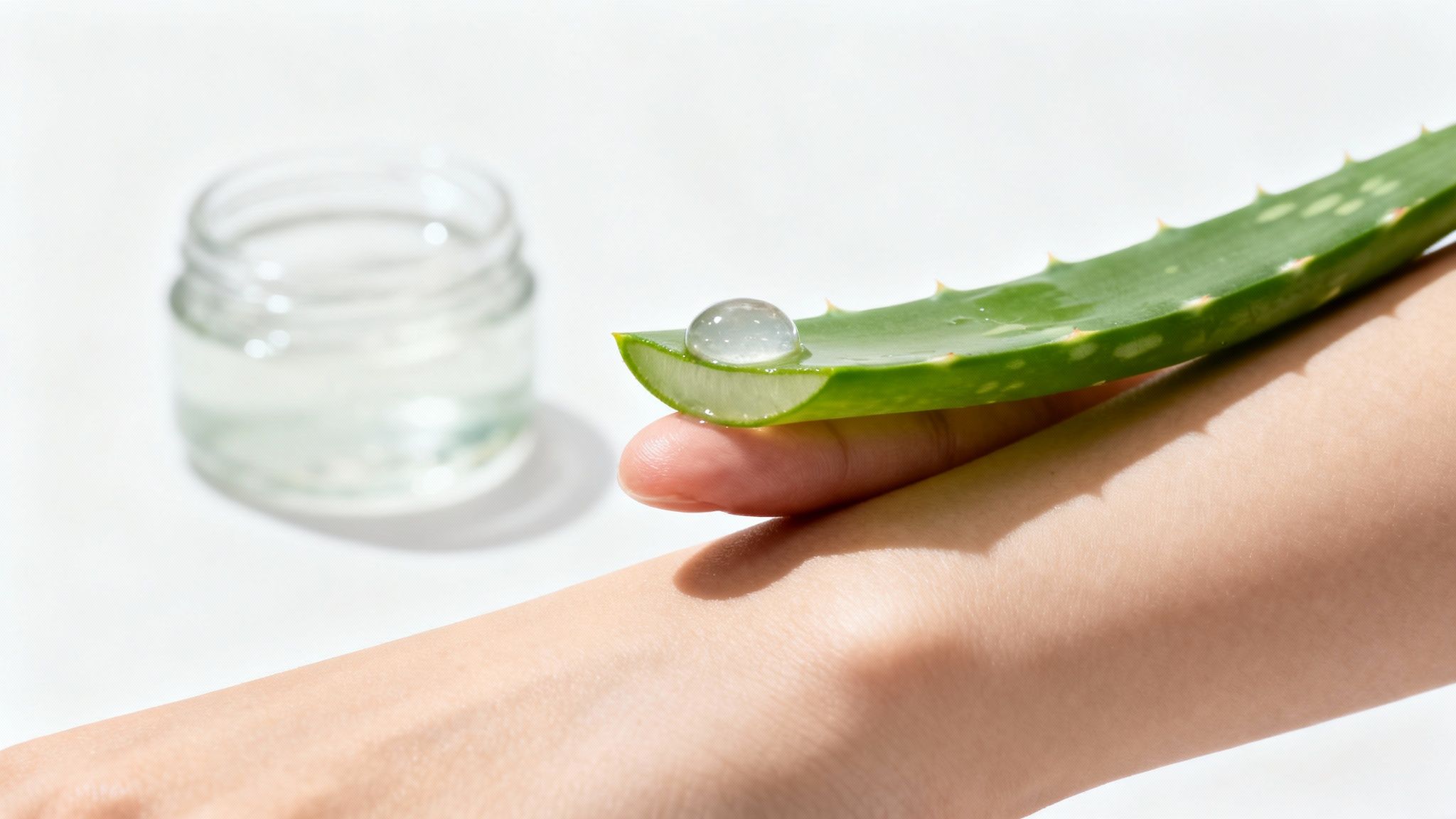 A hand gently holds a fresh aloe vera leaf with a clear gel drop, next to a blurred jar of aloe gel.