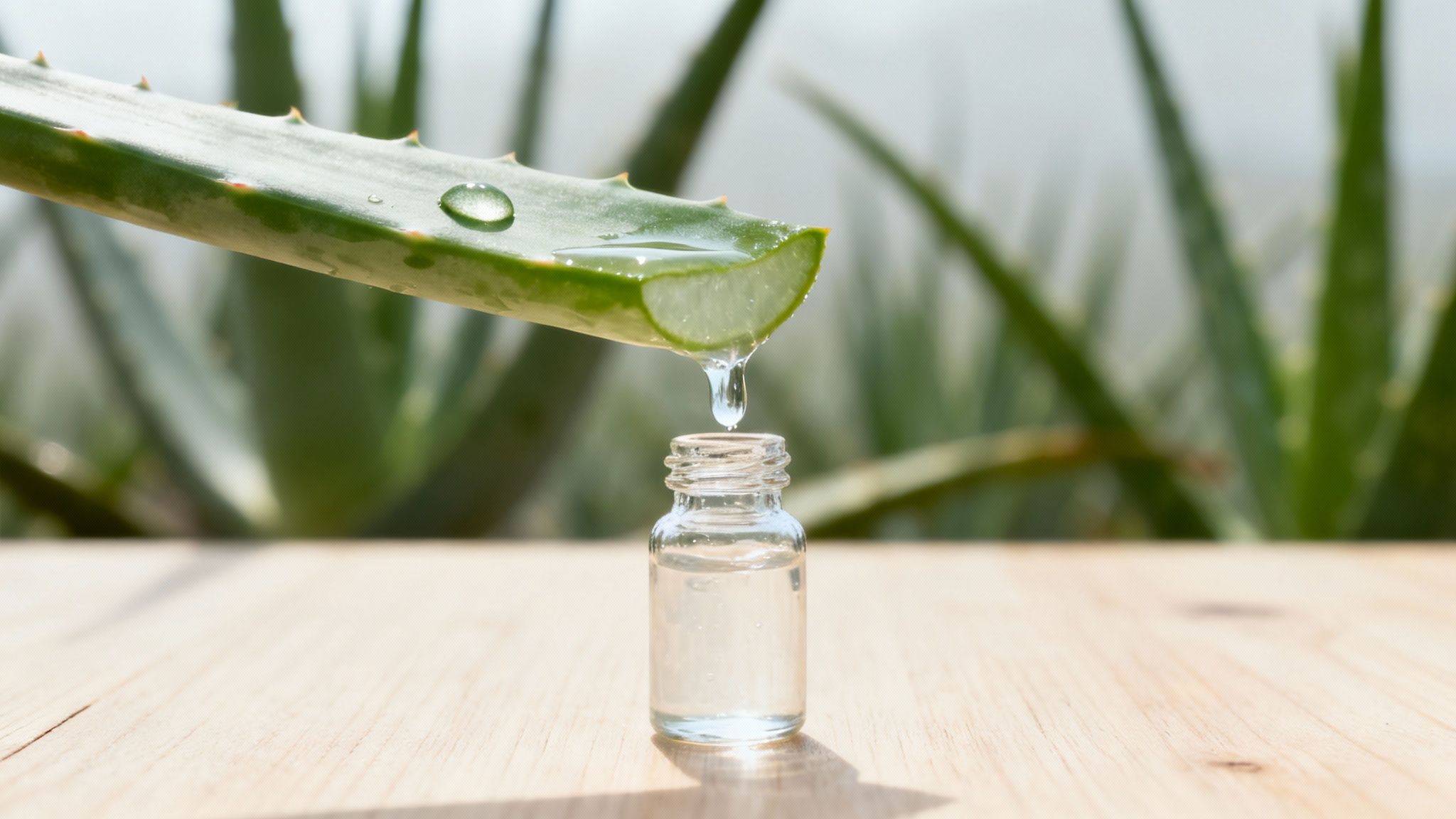 A fresh aloe vera leaf being sliced open to reveal the clear gel inside, with a lush, green aloe farm in the background.