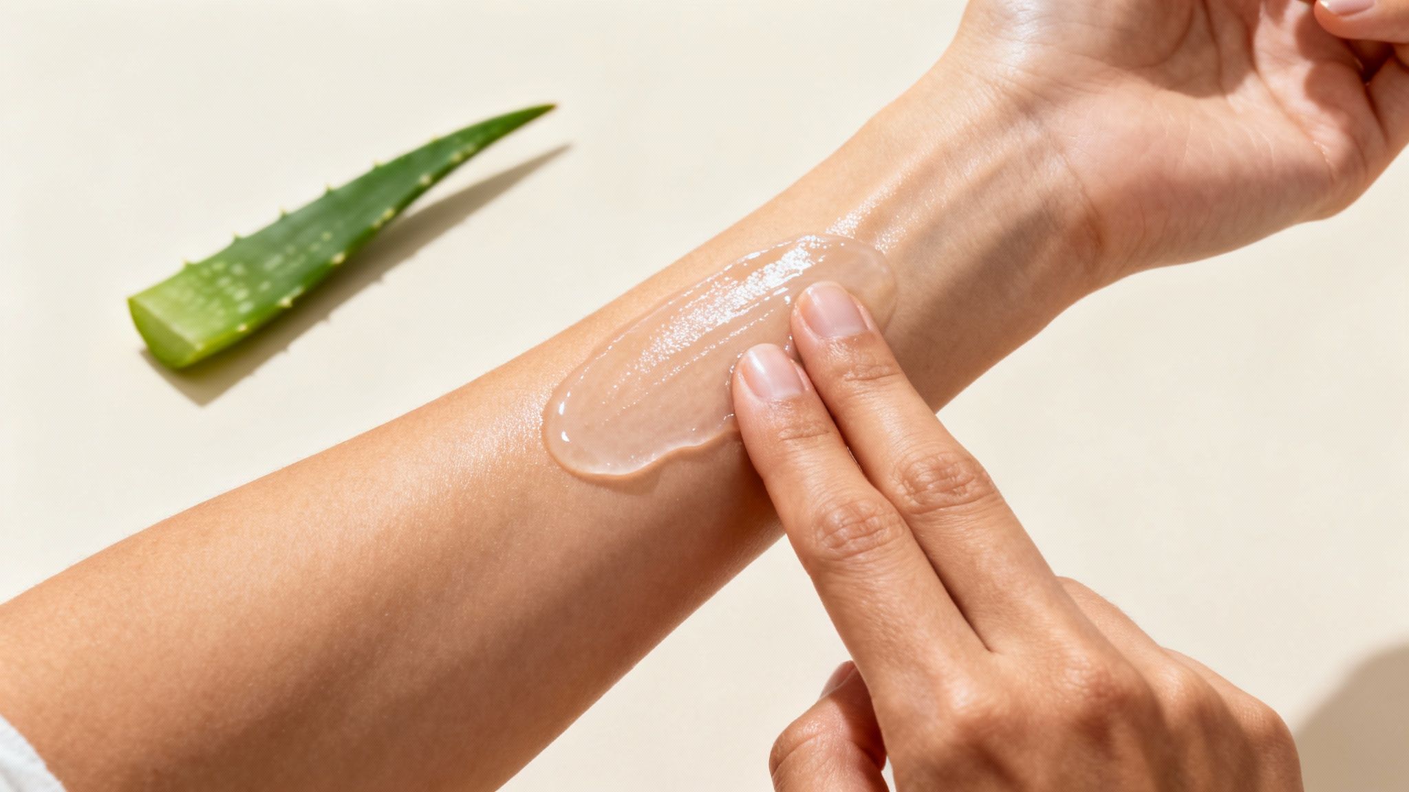 Woman applying aloe vera sunscreen to her face outdoors