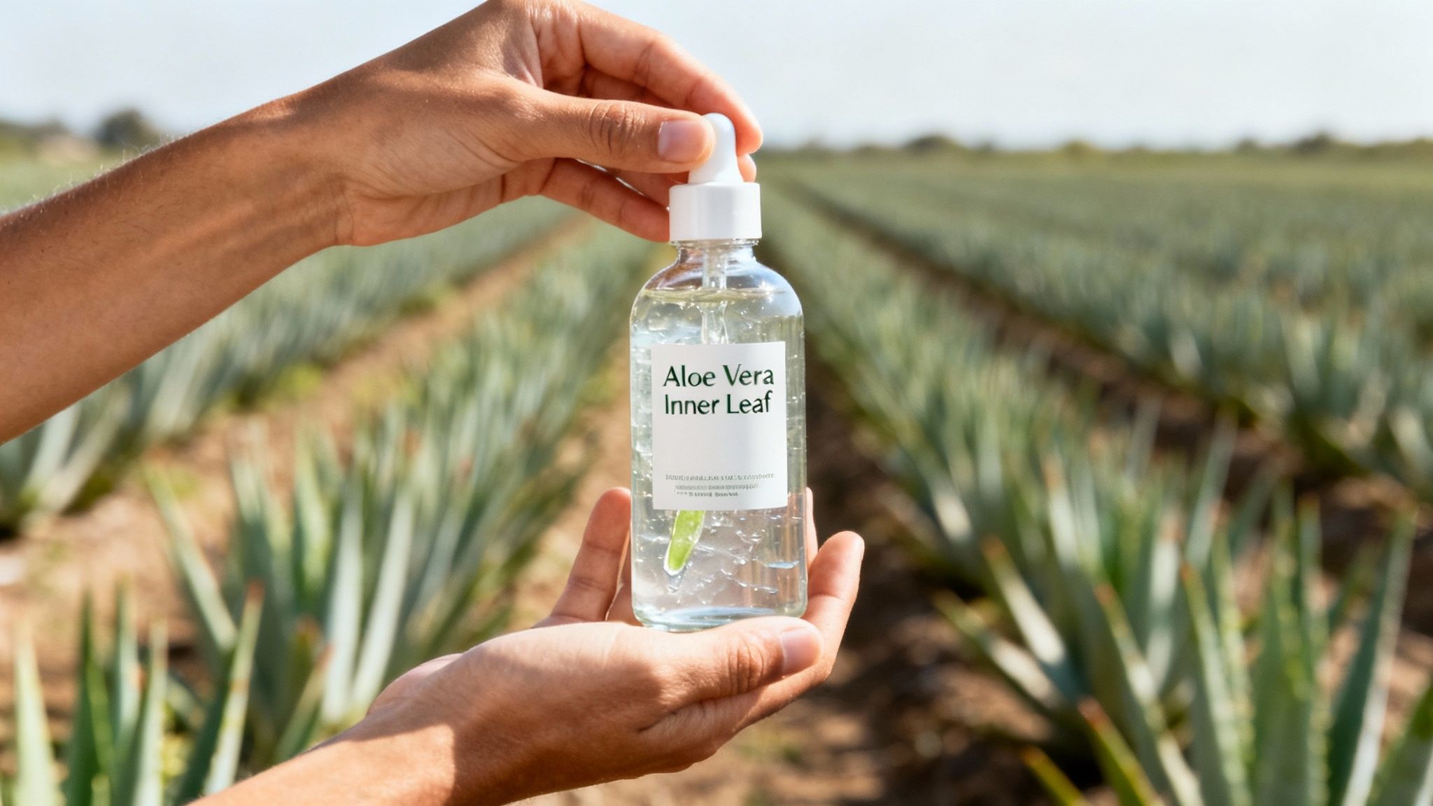 A person holding a glass of a fresh aloe vera leaf.