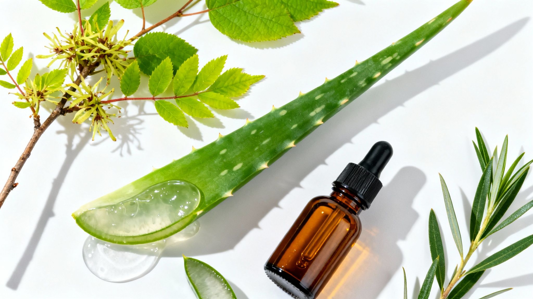 A flat lay of fresh aloe vera leaf with gel, a dropper bottle, and green botanical leaves on white.