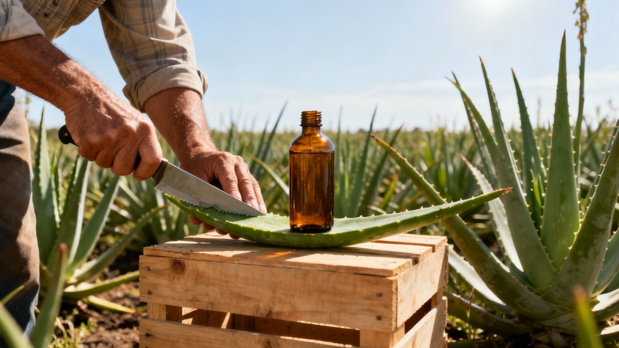 Close-up of hands cutting an aloe vera leaf on a wooden crate with an amber bottle in a sunny field.