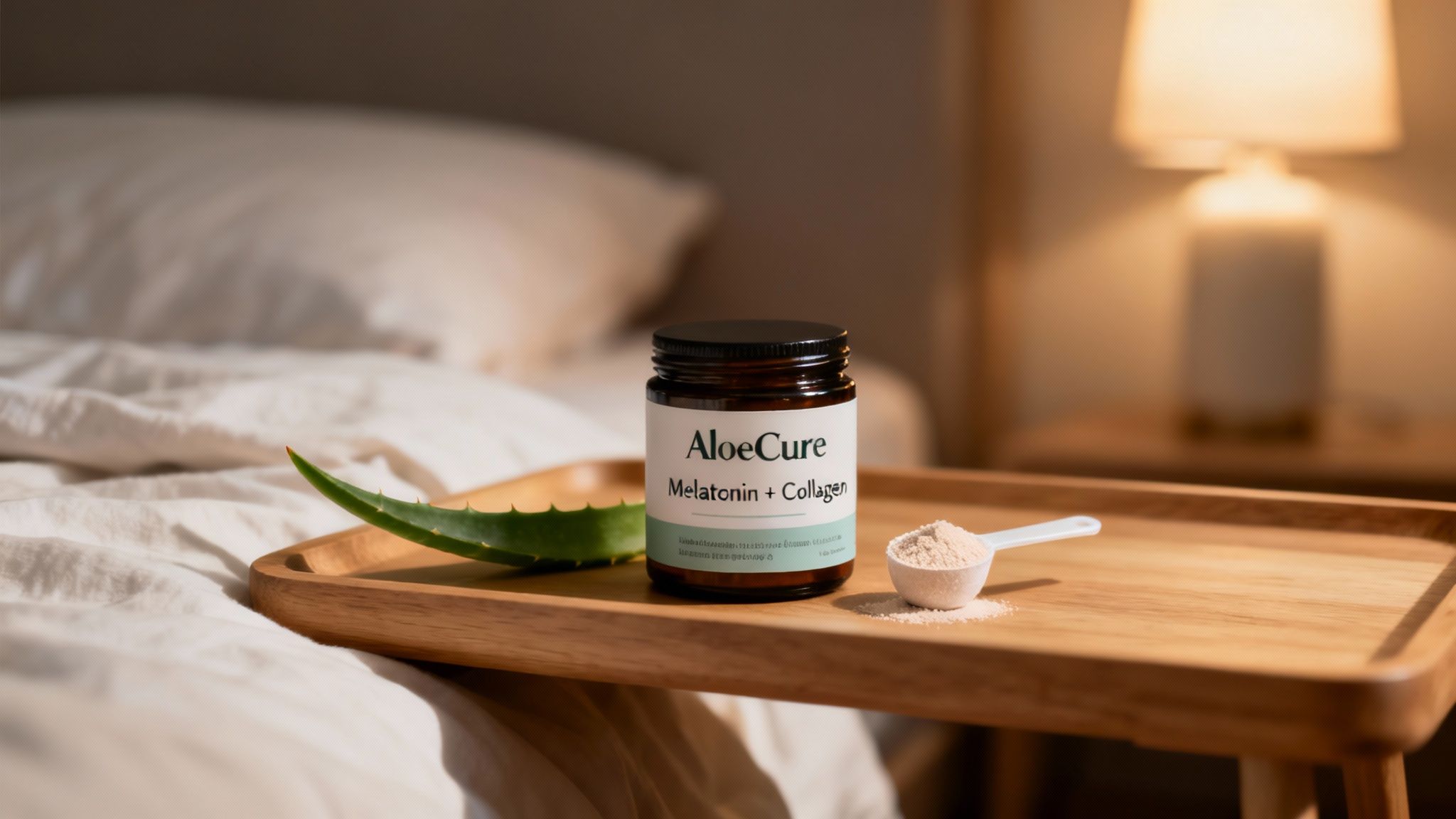 A bottle of AloeCure Melatonin + Collagen Sleep Support next to a glass of water on a nightstand.