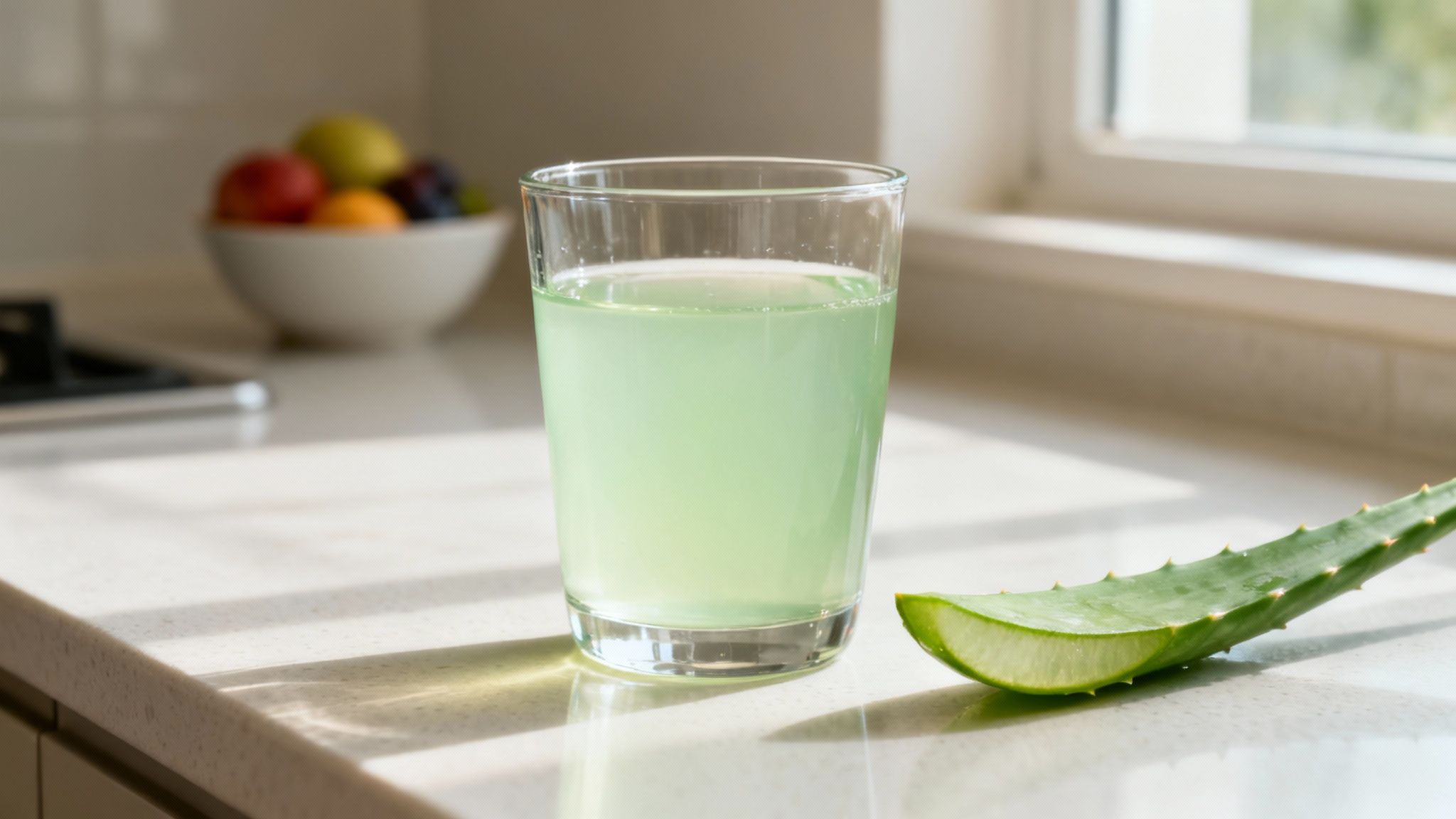 A glass of light green aloe vera juice next to a fresh aloe vera leaf on a counter.