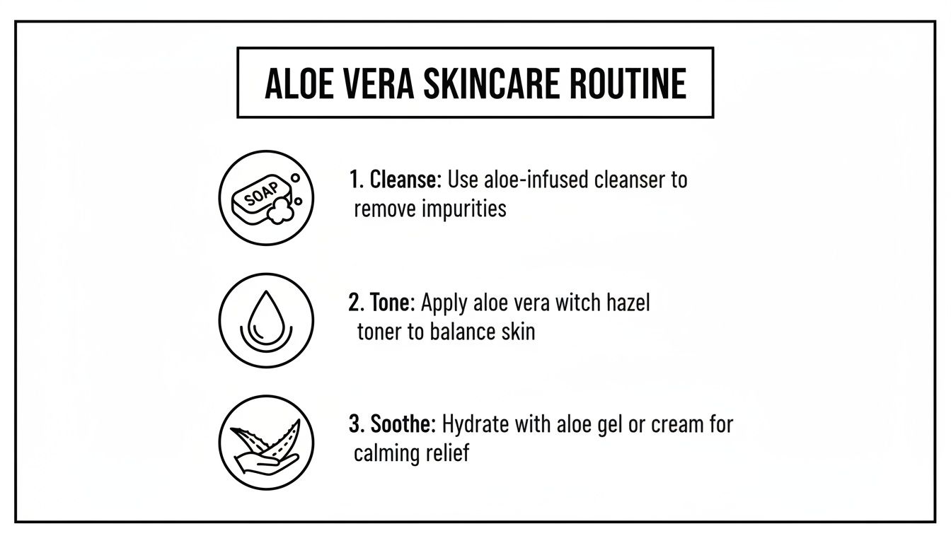 A visual guide detailing a 3-step aloe vera skincare routine for cleansing, toning, and soothing.