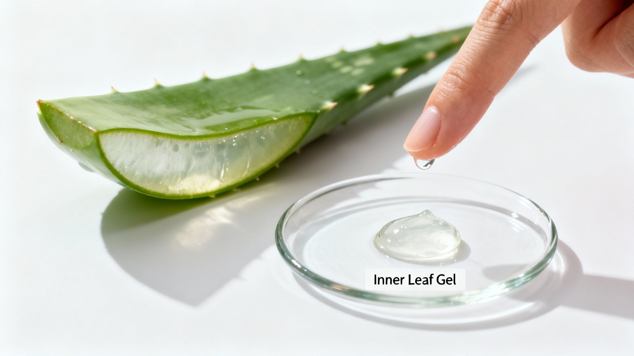 Fresh aloe vera leaf and inner leaf gel in a petri dish, with a finger dripping gel.