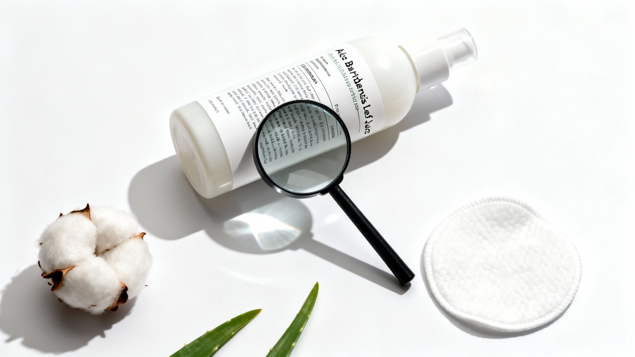 White bottle of Aloe Barbadensis Leaf Juice with a magnifying glass, cotton, and aloe leaves.