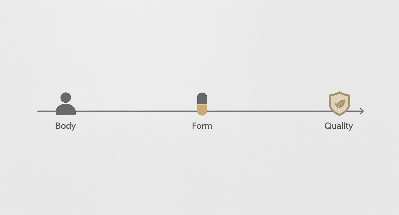 Timeline diagram illustrating the progression from Body (person icon) to Form (pill icon) to Quality (shield icon).