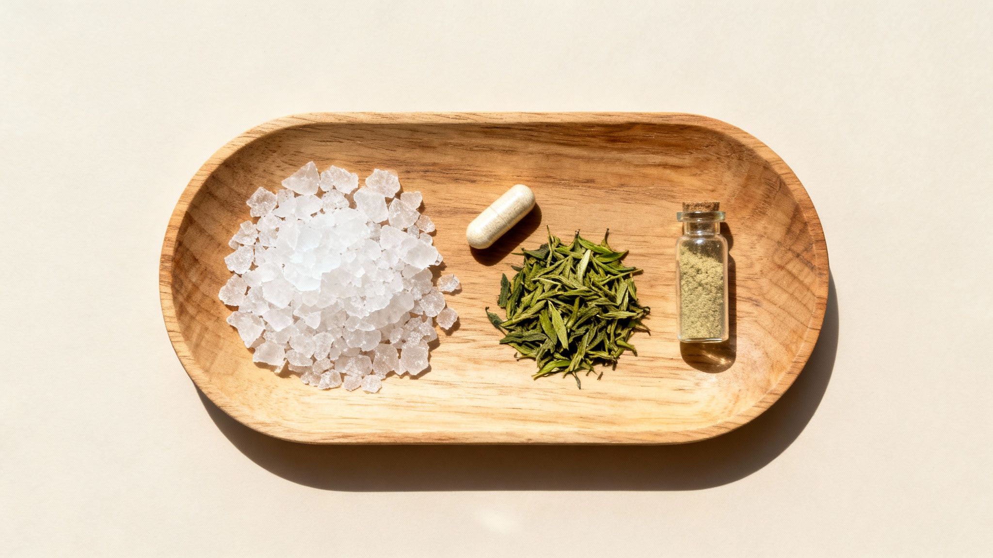 A wooden tray holds coarse white salt, dried green tea leaves, a supplement capsule, and green powder in a bottle.