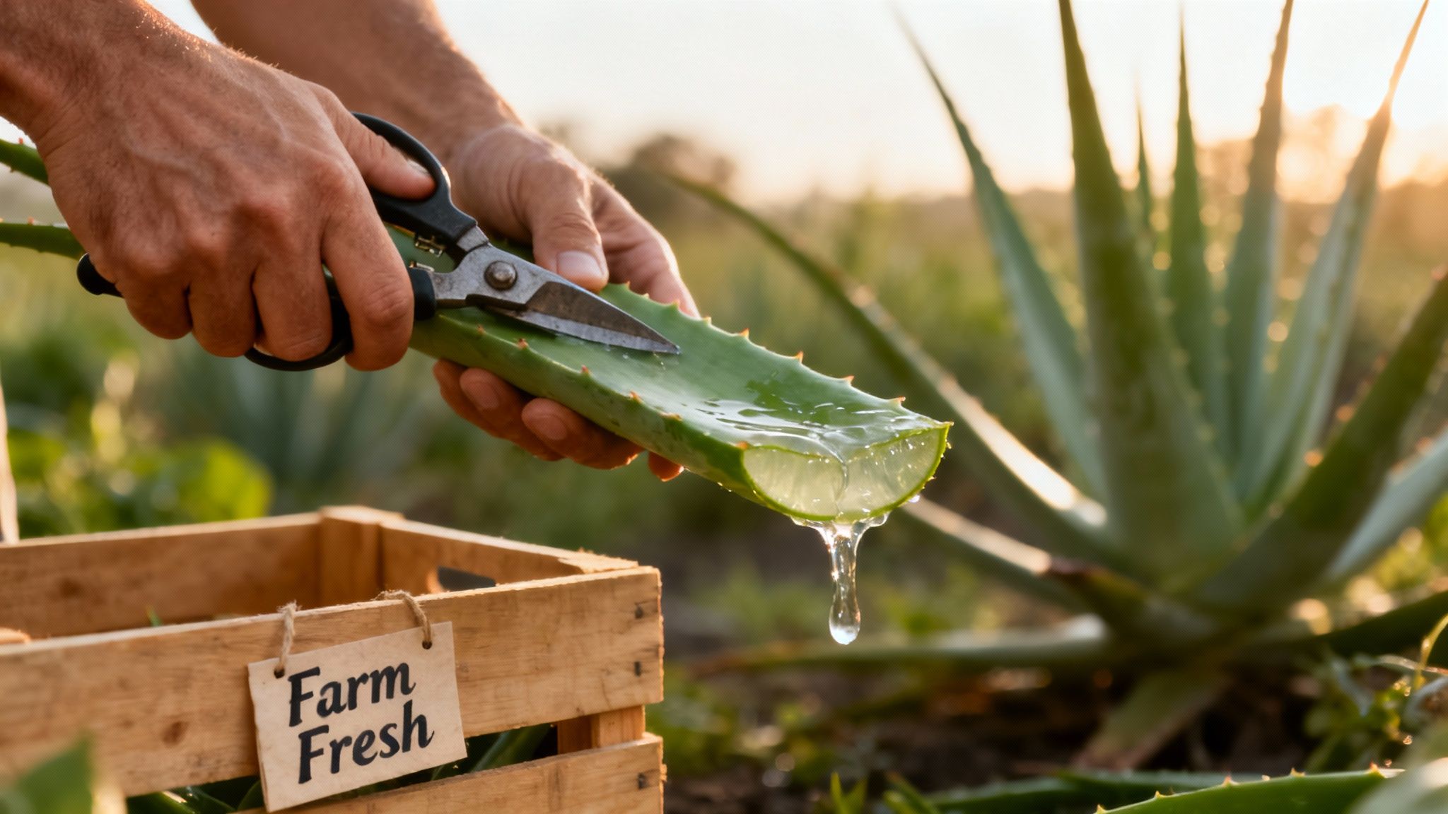 Close-up of hands harvesting a fresh aloe vera leaf with shears, gel dripping into a 'Farm Fresh' crate.