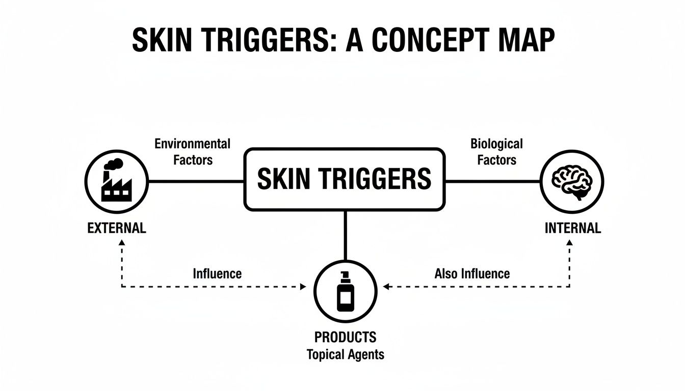 Concept map illustrating skin triggers, categorizing them into external and internal factors, and their influence on topical products.
