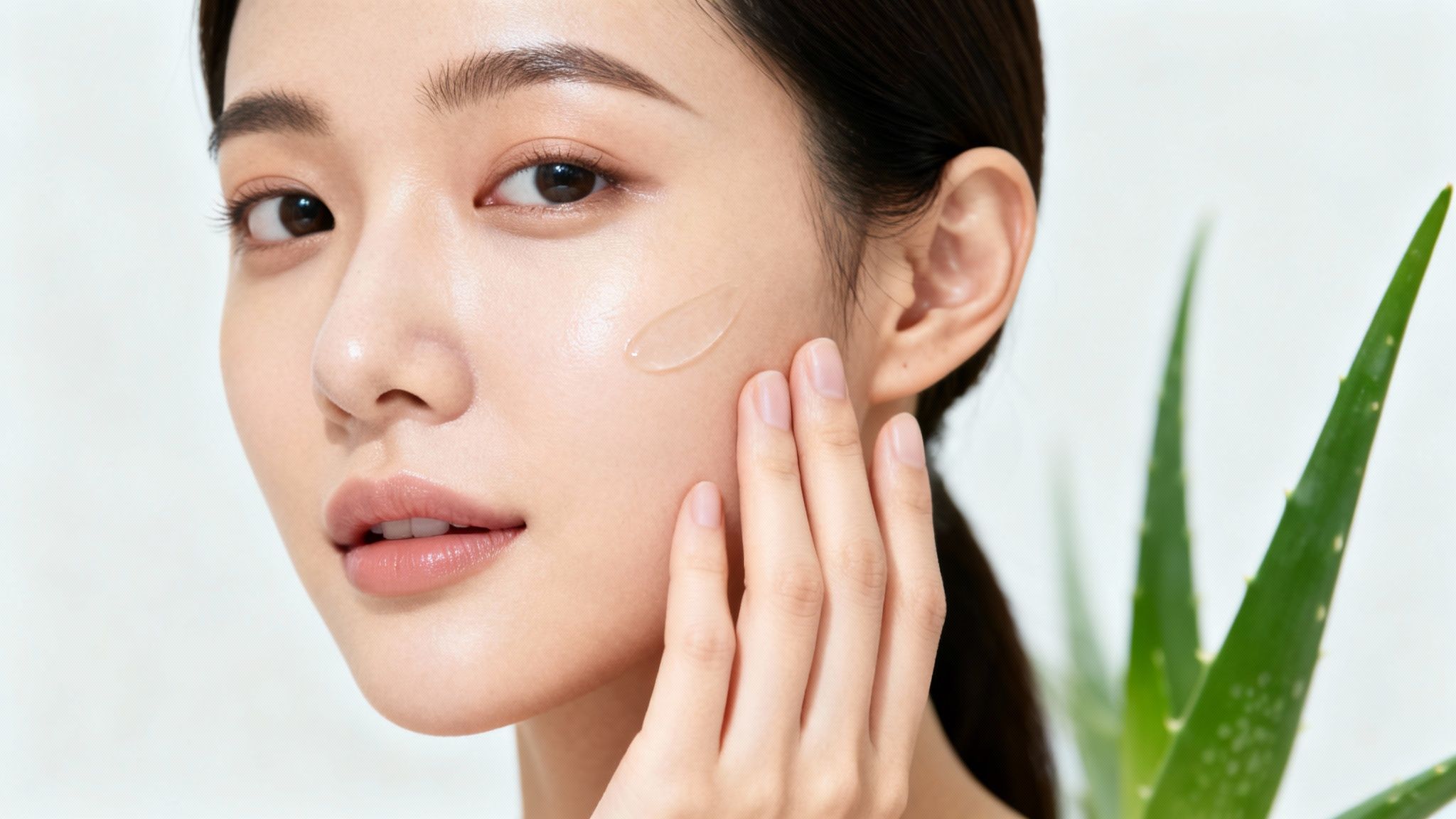 Close-up of a woman applying a hydrating gel to her glowing face next to an aloe vera plant.