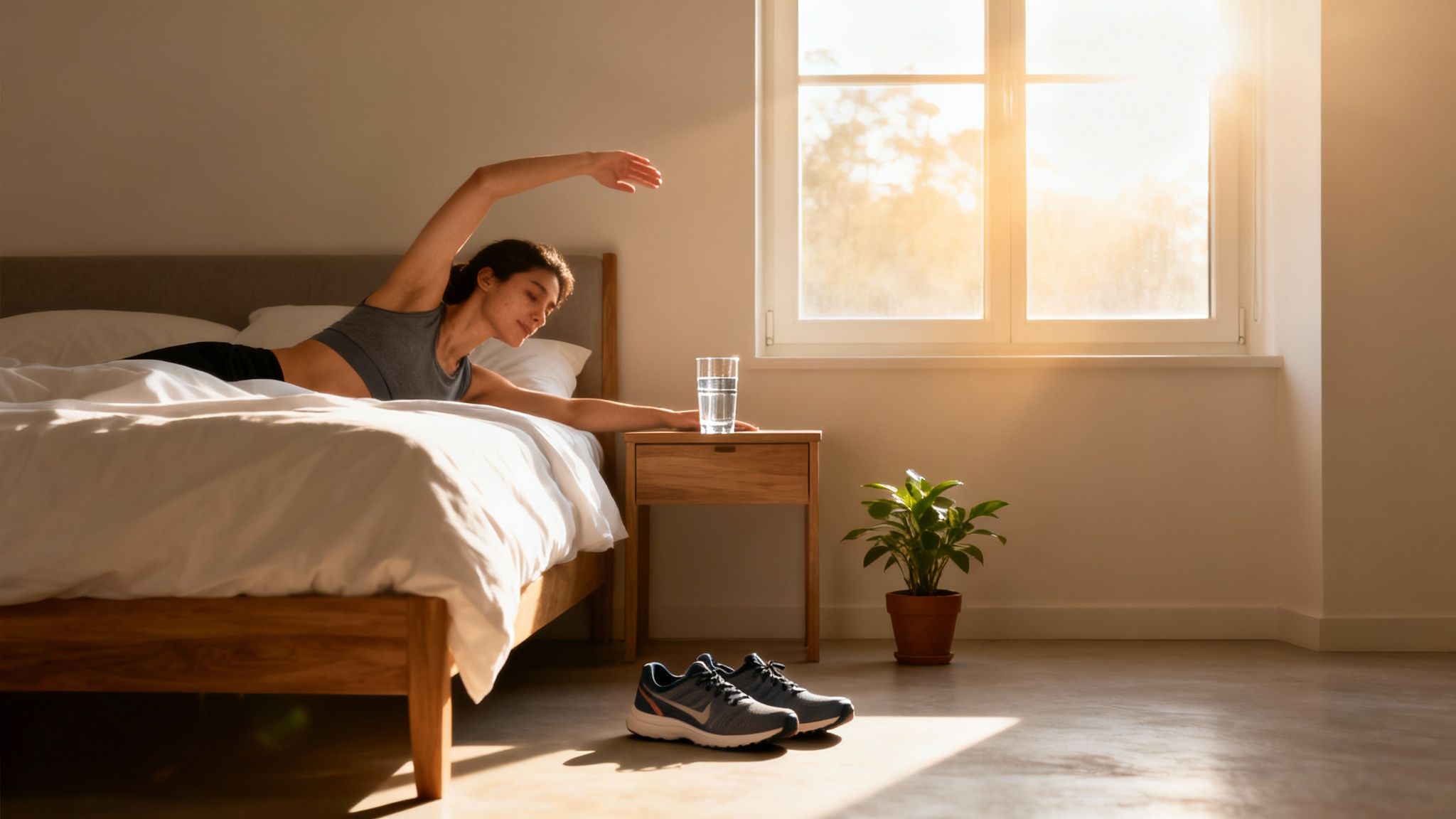 A woman stretches in bed during a sunny morning, with a glass of water and running shoes nearby.
