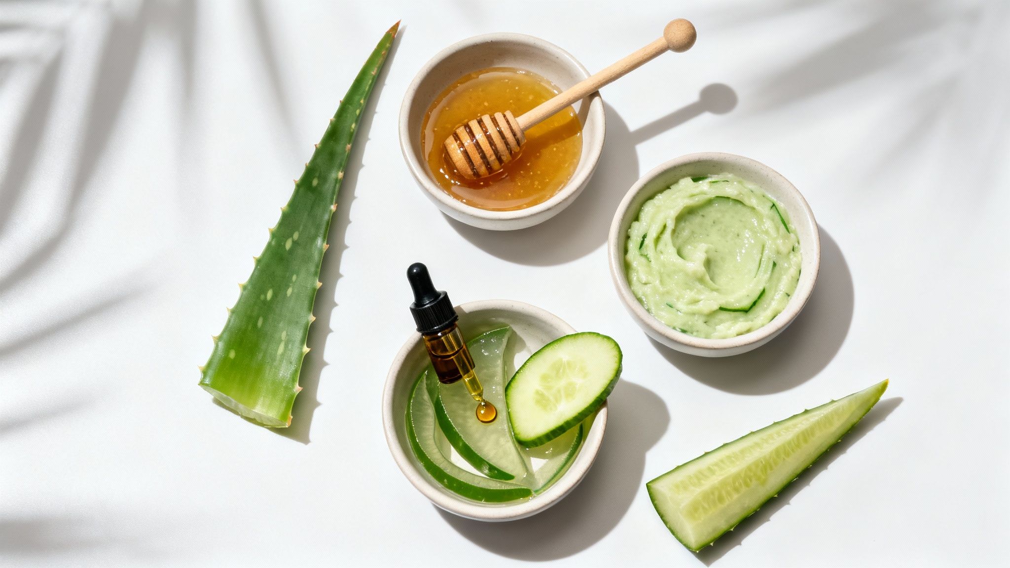 Natural skincare ingredients like aloe vera leaves, honey, cucumber, and a face mask on a white background.