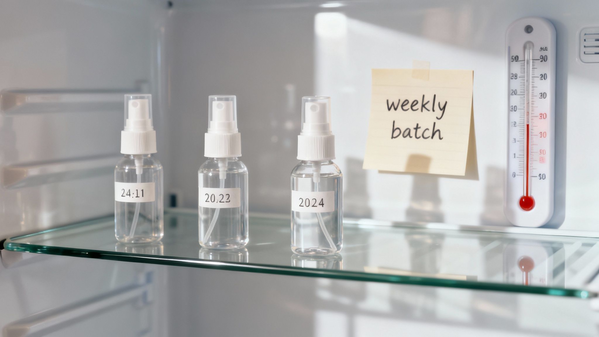 A spray bottle of homemade aloe vera leave-in conditioner in a refrigerator door