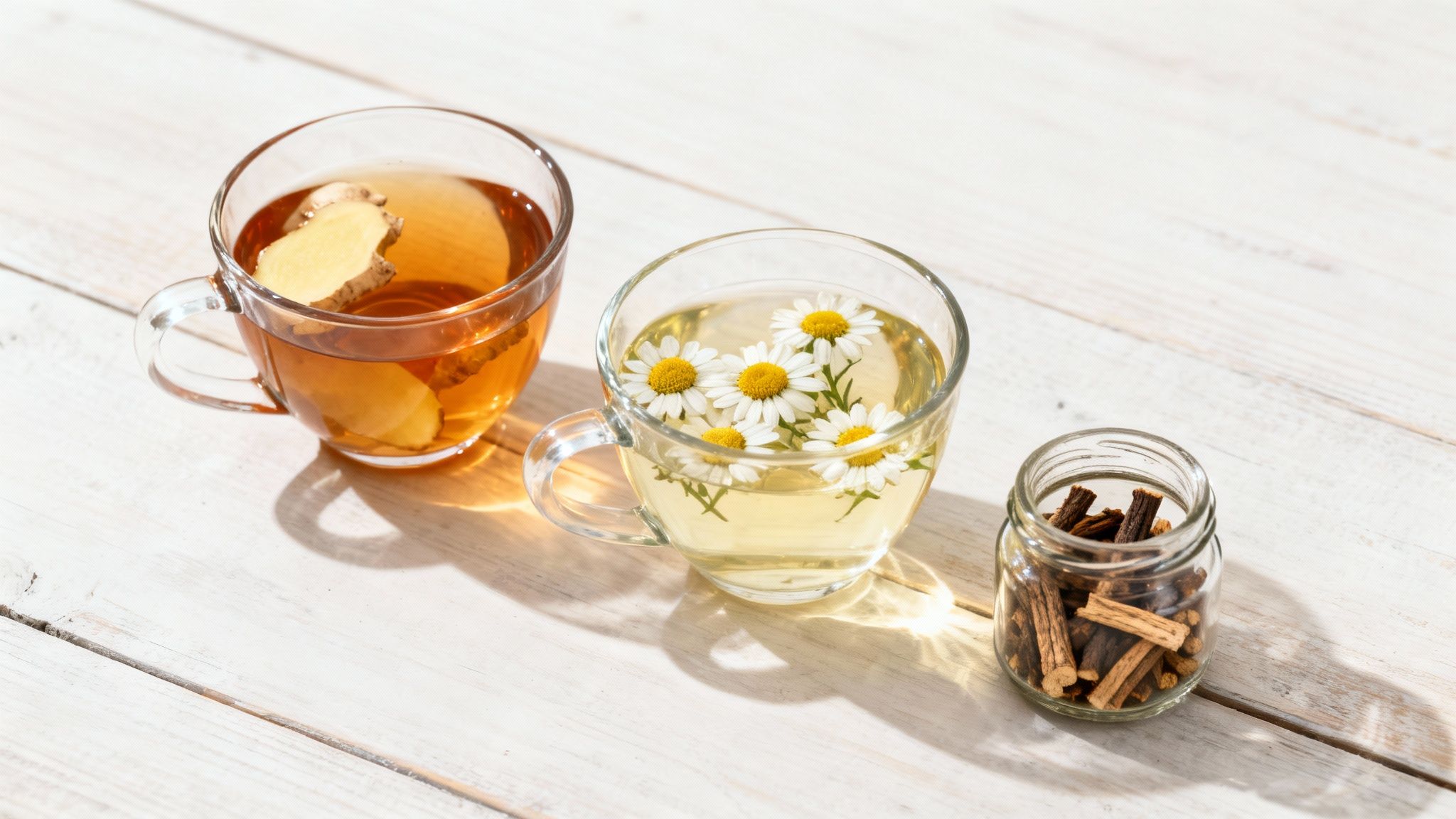 Herbal tea ingredients like ginger, chamomile, and licorice root arranged on a wooden surface.