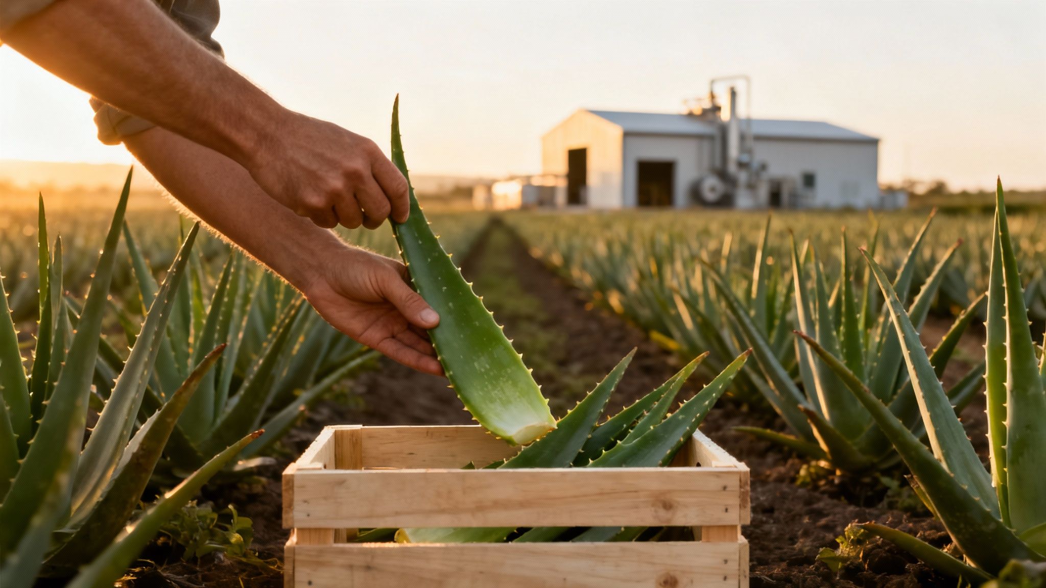 Hands harvesting fresh aloe vera leaves into a wooden crate at sunset.