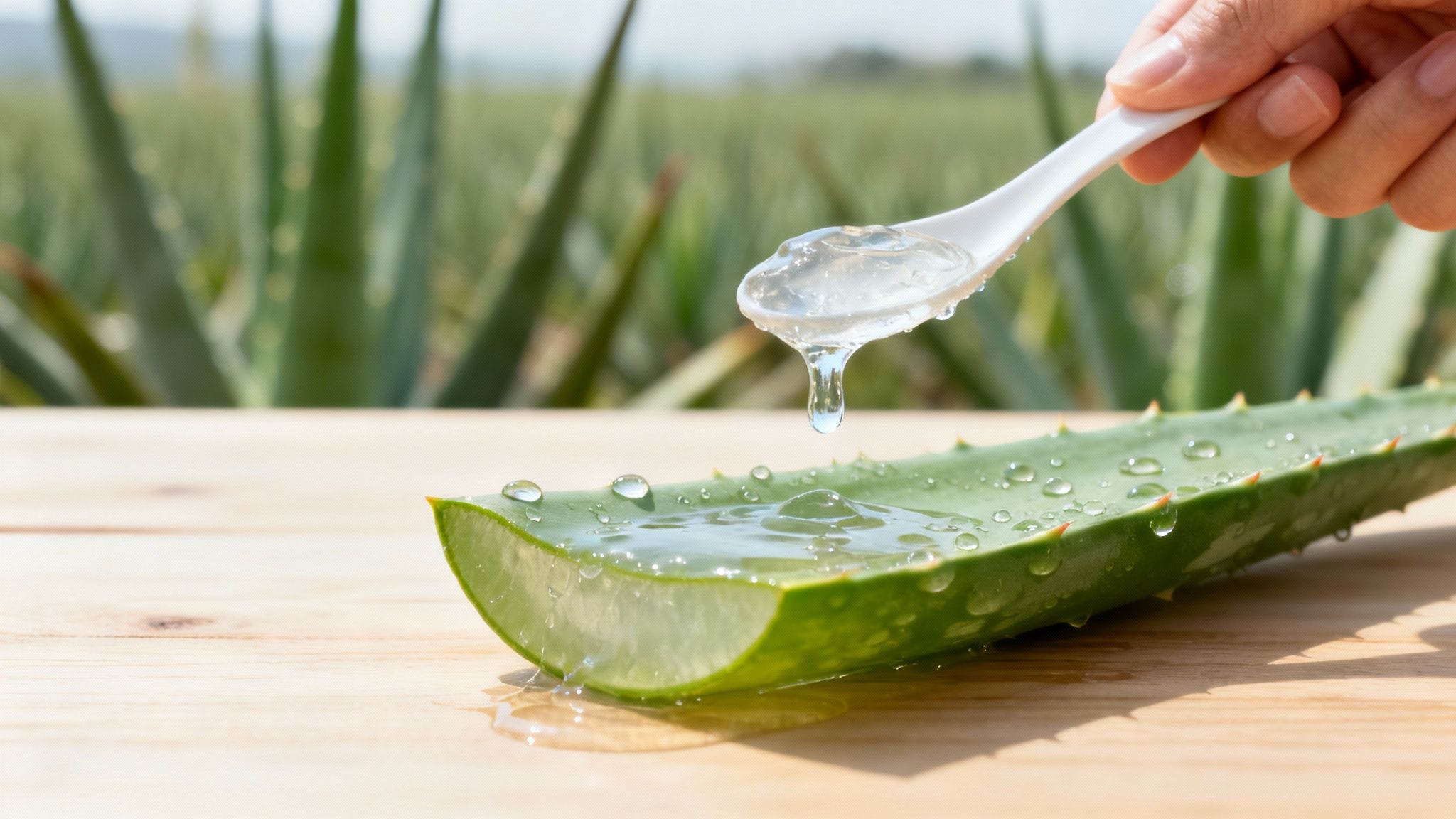 A hand holds a spoon dripping fresh aloe vera gel onto a leaf on a wooden table.