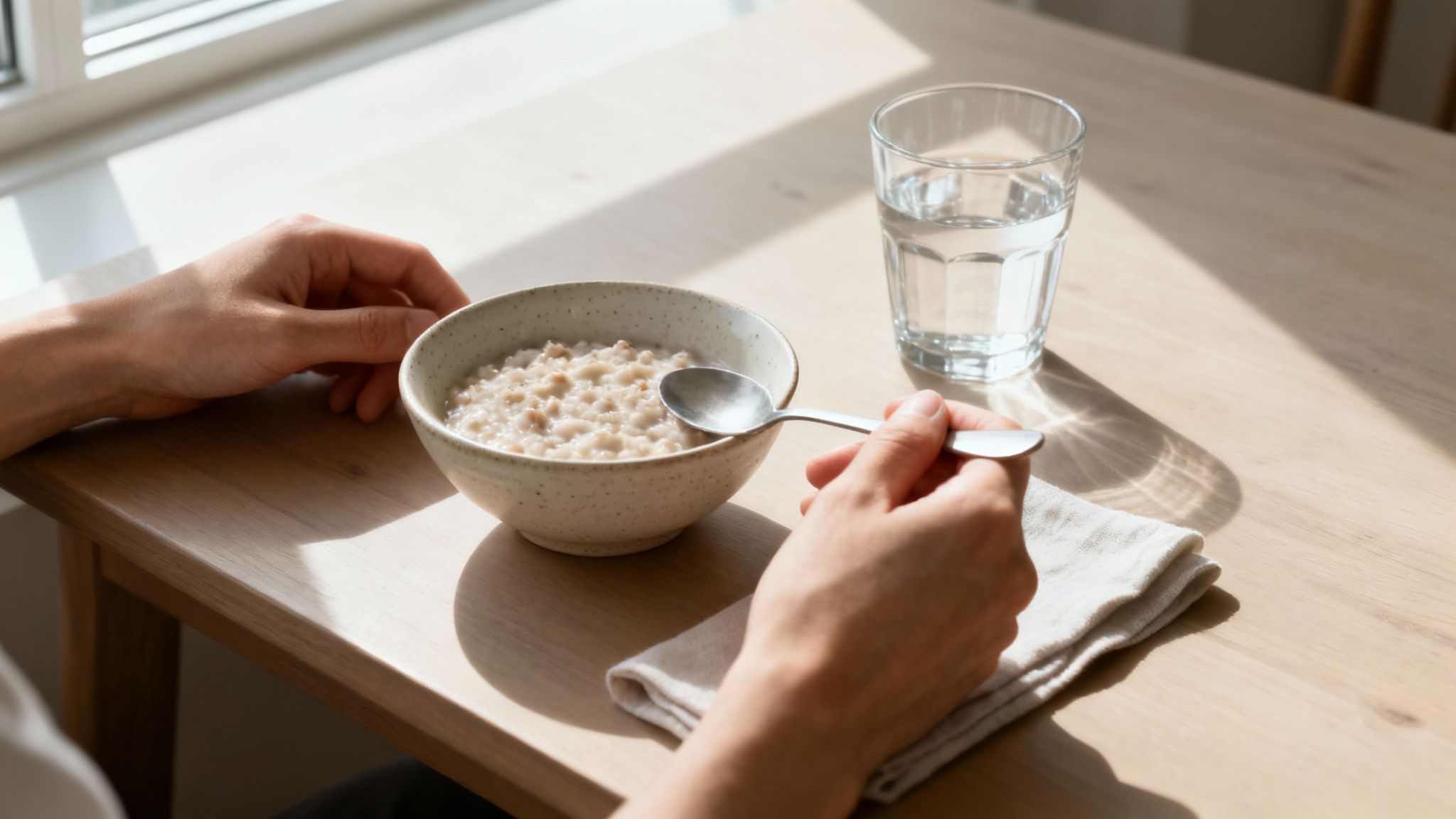 A woman pouring a glass of water, with fresh fruits and vegetables on the table, representing healthy habits.
