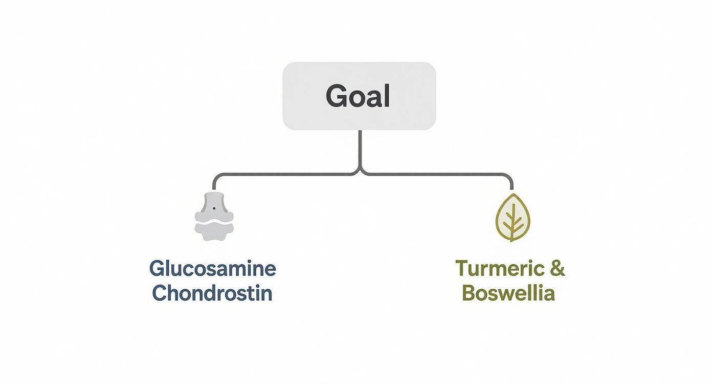 Diagram showing 'Goal' linked to Glucosamine Chondroitin (joint icon) and Turmeric & Boswellia (leaf icon).