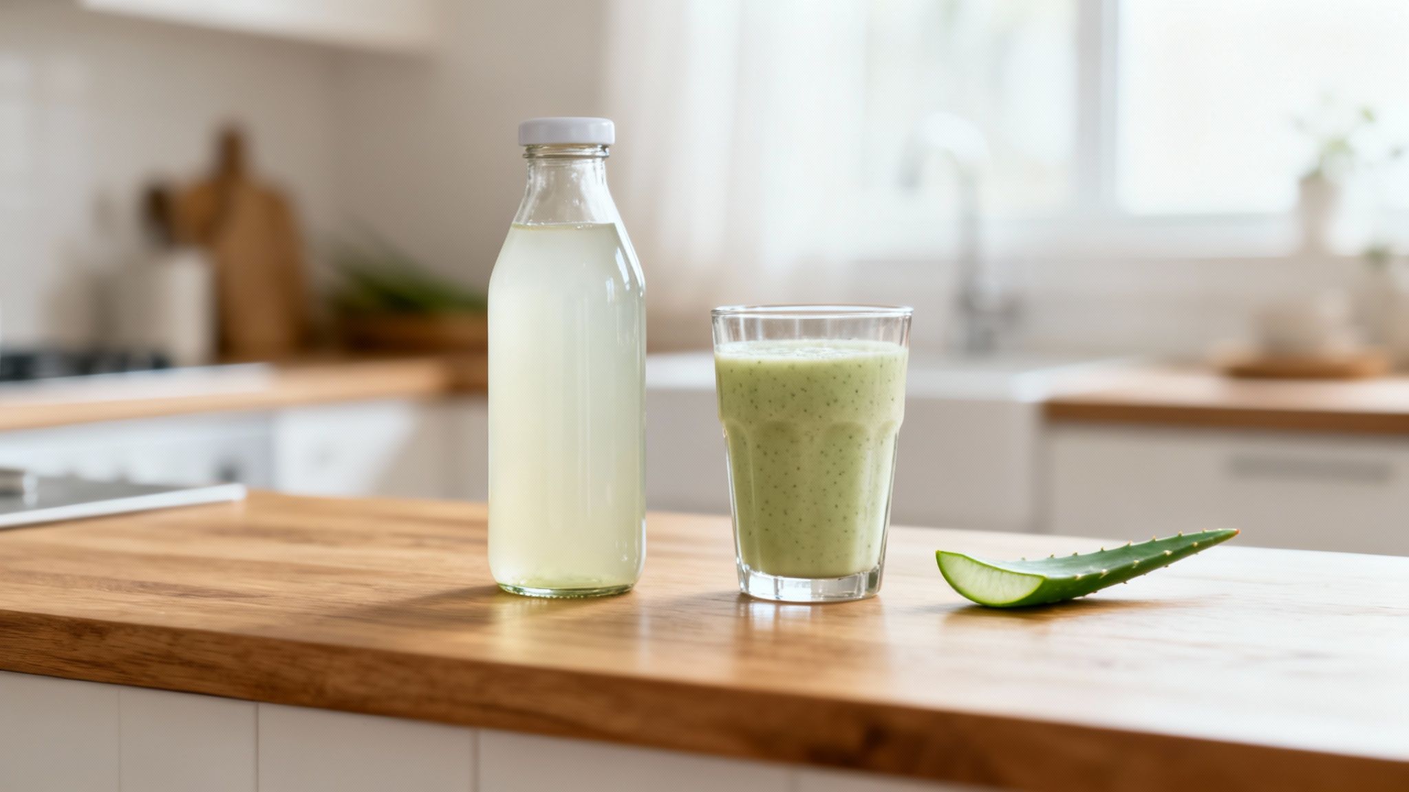A bottle of aloe vera juice, a green smoothie, and a fresh aloe vera leaf on a kitchen counter.