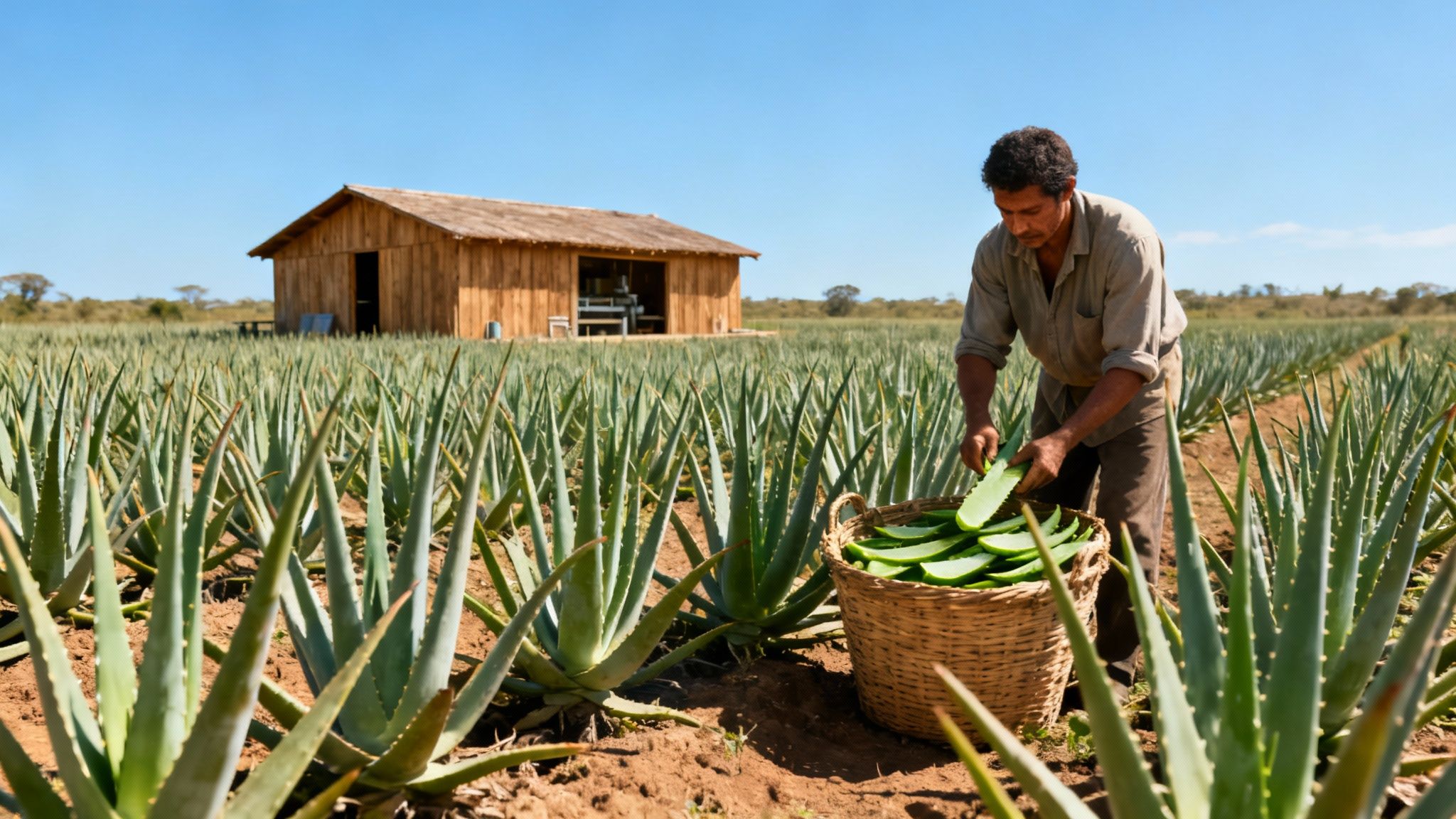 A man harvests aloe vera leaves into a basket in a large field with a wooden shed.