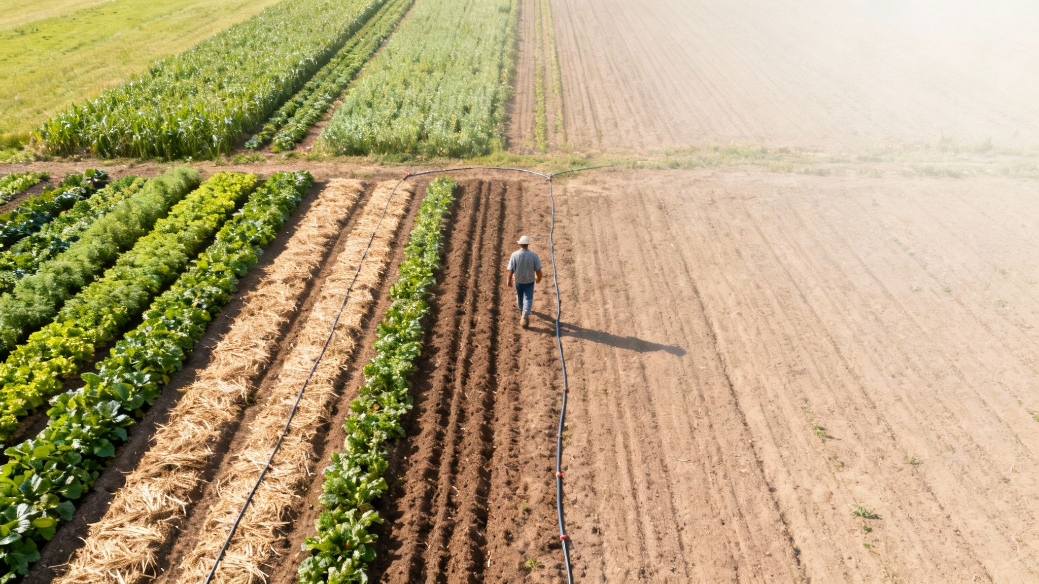 An aerial view of a farmer walking through diverse rows of green crops and tilled soil.