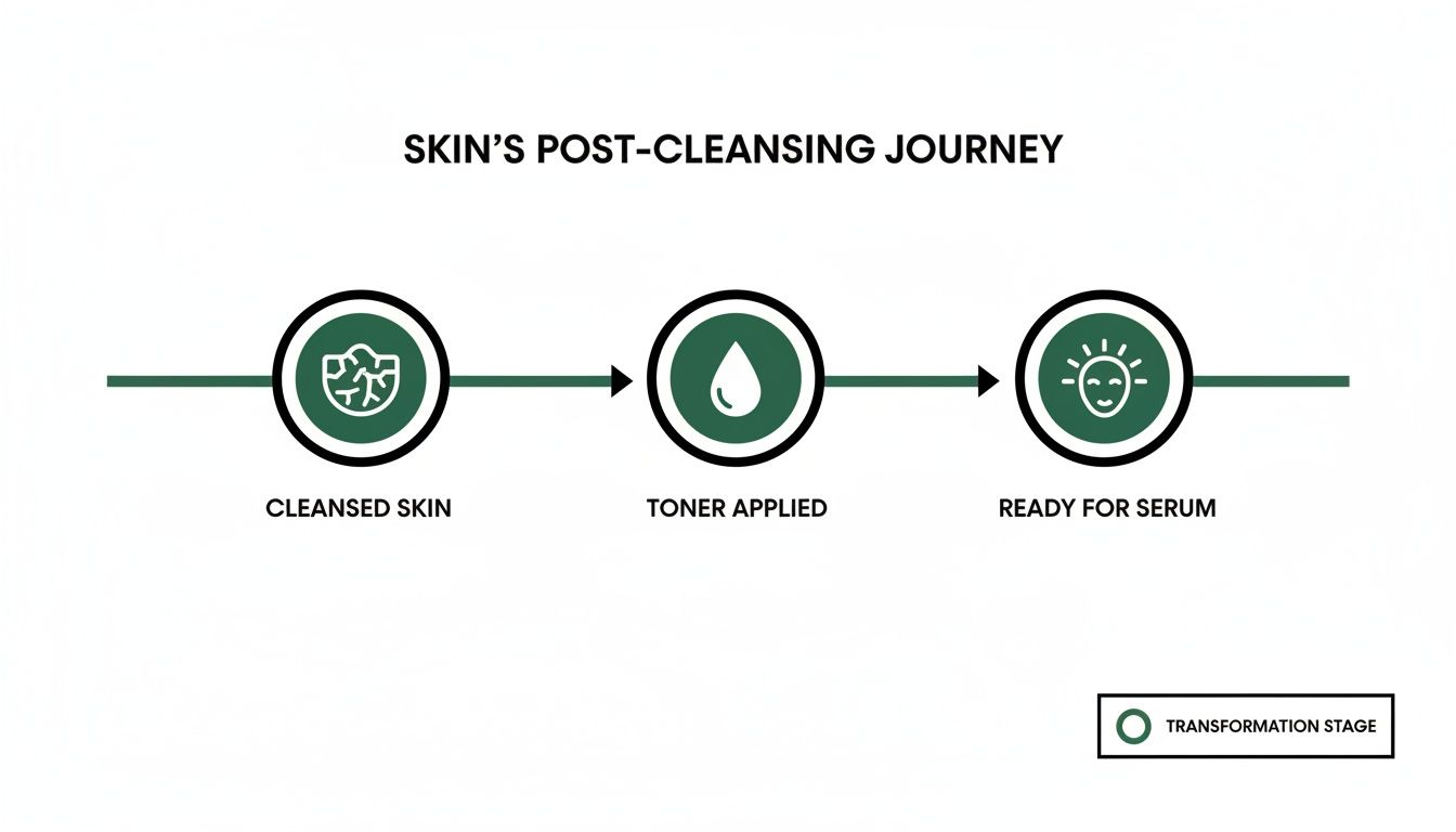 A diagram illustrating the skin's post-cleansing journey: from cleansed, to toner applied, to ready for serum.